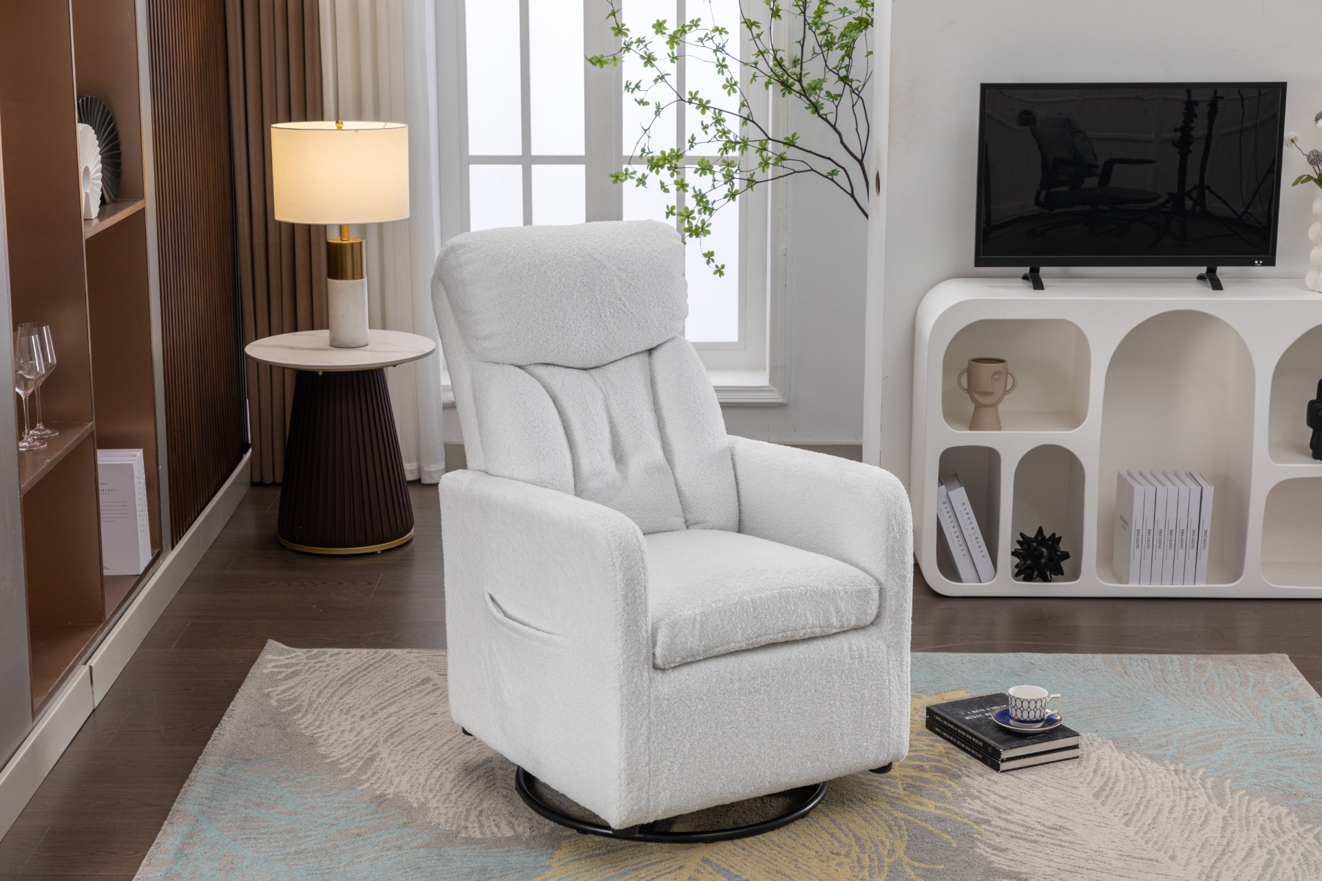 Sofa & Chair sets | Teddy Fabric Swivel Rocking Chair Gilder Chair With Pocket,White | casafoyer.myshopify.com