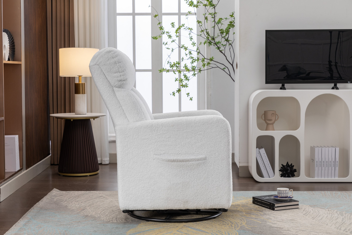 Sofa & Chair sets | Teddy Fabric Swivel Rocking Chair Gilder Chair With Pocket,White | casafoyer.myshopify.com