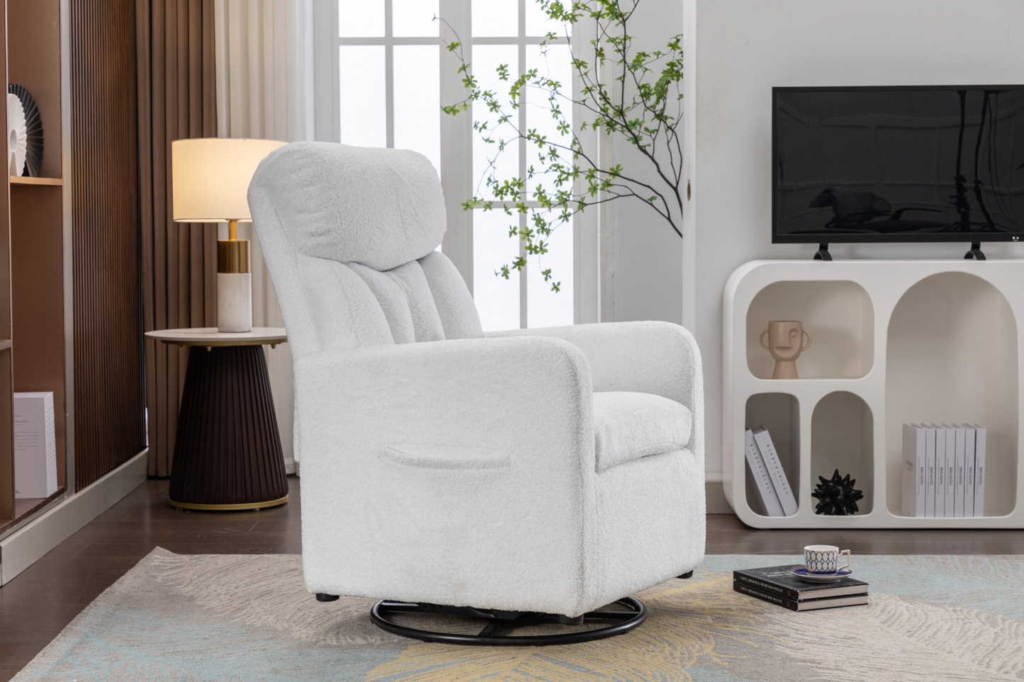 Sofa & Chair sets | Teddy Fabric Swivel Rocking Chair Gilder Chair With Pocket,White | casafoyer.myshopify.com