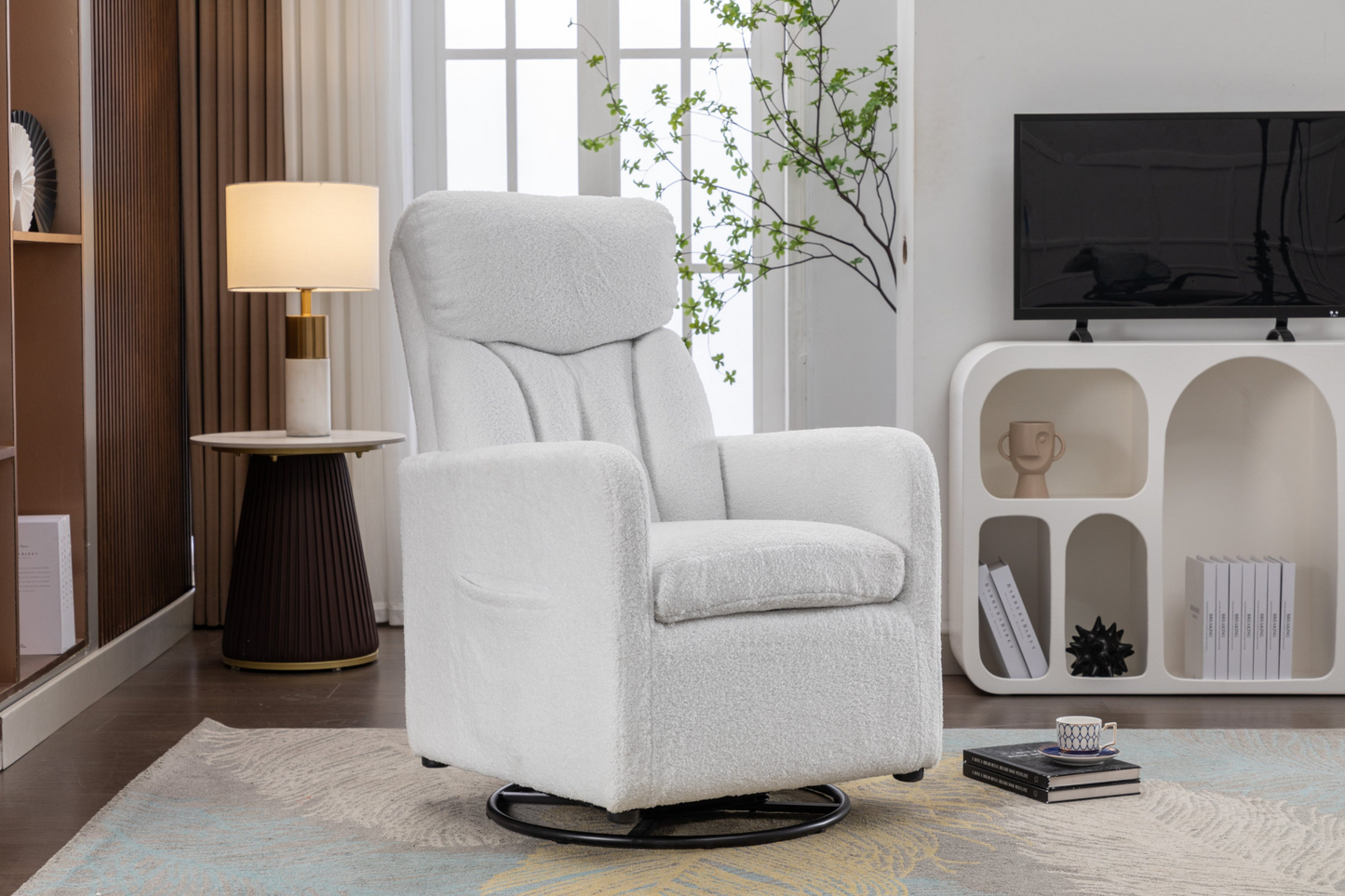 Sofa & Chair sets | Teddy Fabric Swivel Rocking Chair Gilder Chair With Pocket,White | casafoyer.myshopify.com