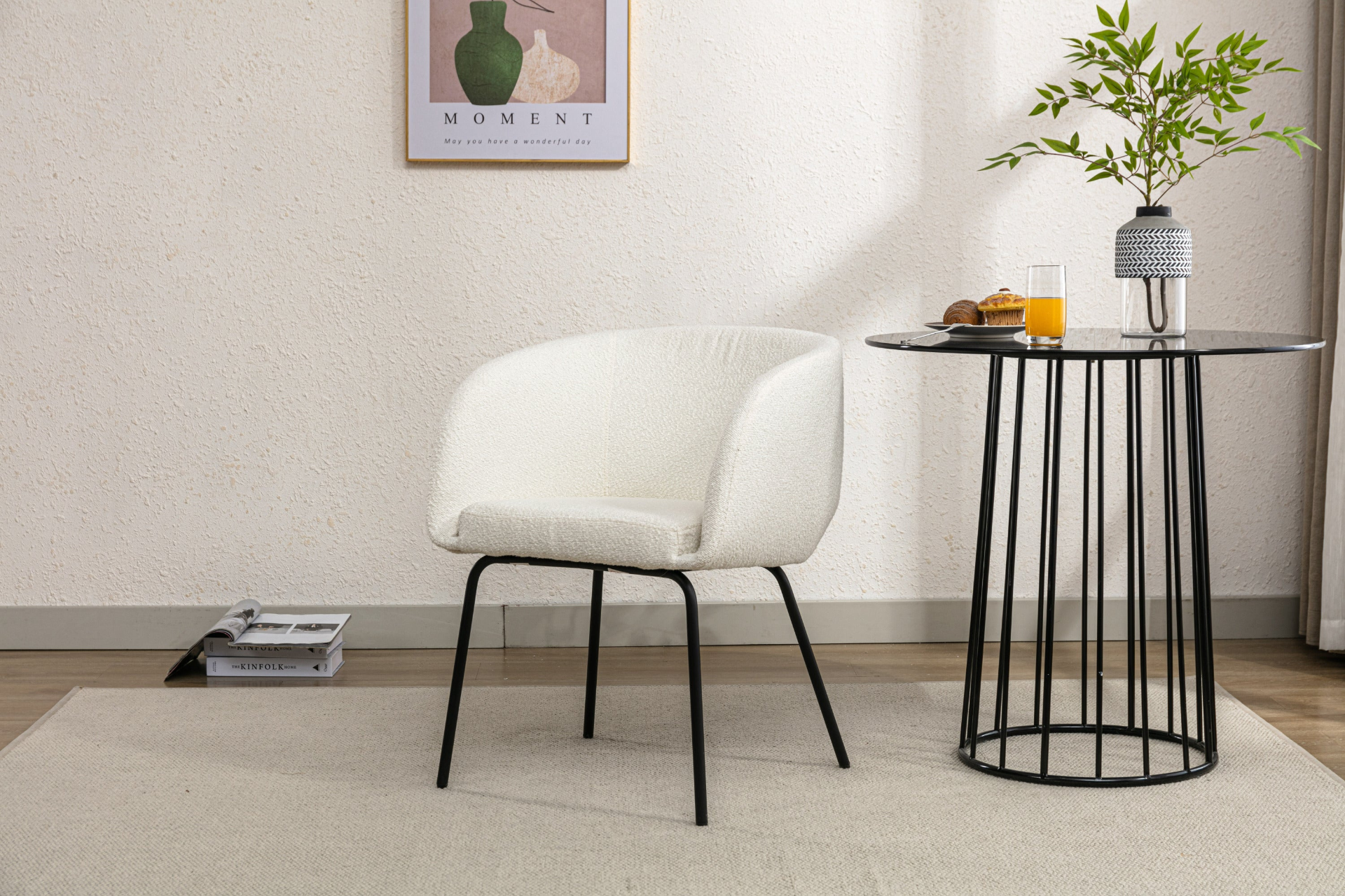 [product_type] | 039-Set of 1 Boucle Fabric Dining Chair With Black Metal Legs,Ivory | casafoyer.myshopify.com