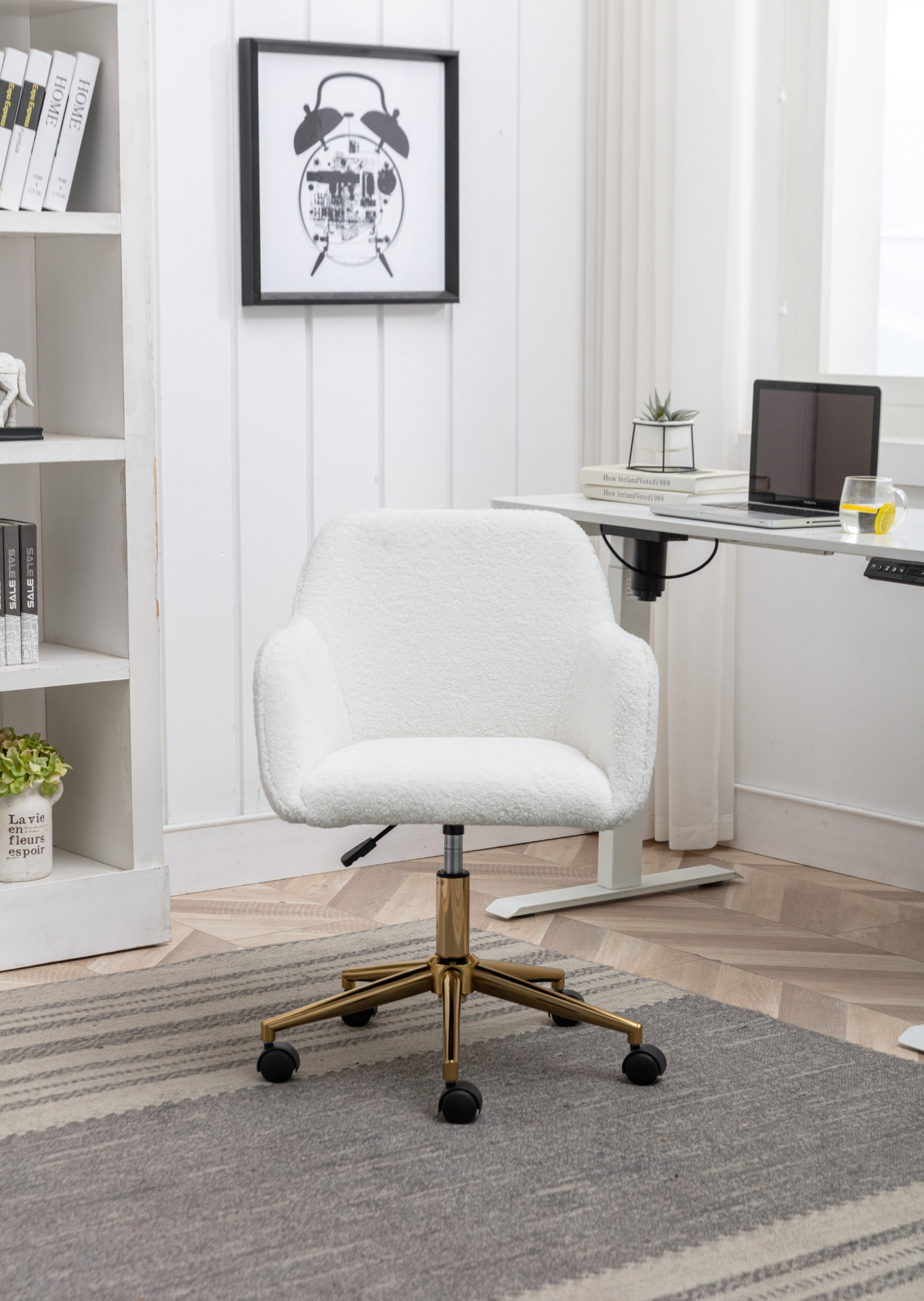 Sofa & Chair sets | Modern Teddy Fabric Material Adjustable Height 360 Revolving Home Office Chair With Gold Metal Legs And Universal Wheel - White | casafoyer.myshopify.com