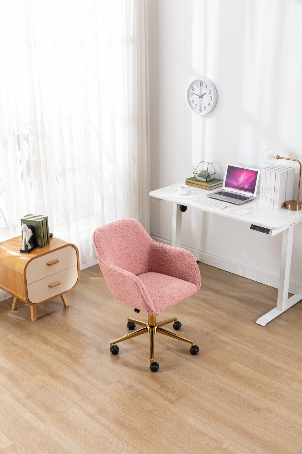 Sofa & Chair sets | Modern Teddy Fabric Material Adjustable Height 360 Revolving Home Office Chair With Gold Metal Legs And Universal Wheel For Indoor,Pink | casafoyer.myshopify.com