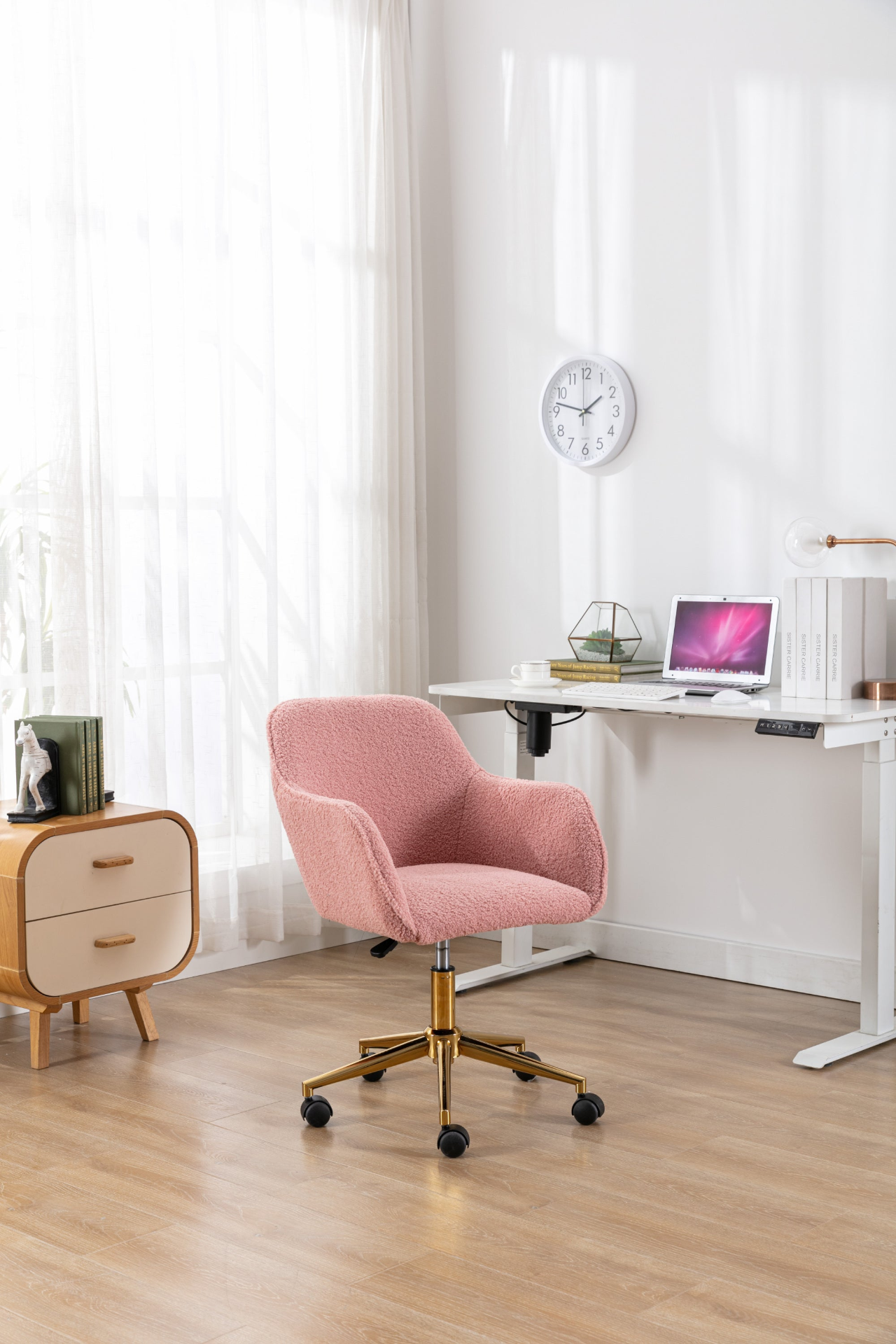 Sofa & Chair sets | Modern Teddy Fabric Material Adjustable Height 360 Revolving Home Office Chair With Gold Metal Legs And Universal Wheel For Indoor,Pink | casafoyer.myshopify.com