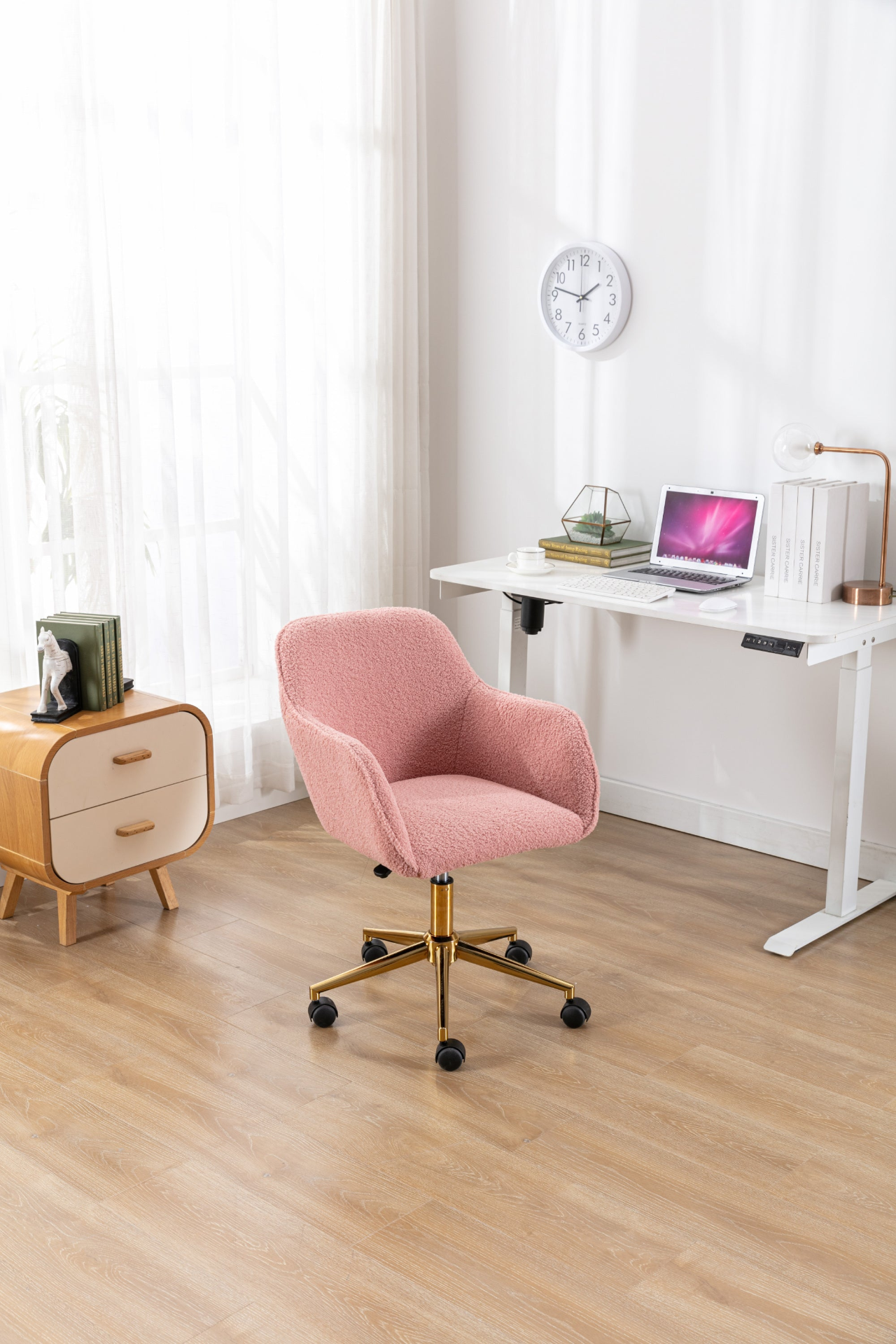 Sofa & Chair sets | Modern Teddy Fabric Material Adjustable Height 360 Revolving Home Office Chair With Gold Metal Legs And Universal Wheel For Indoor,Pink | casafoyer.myshopify.com