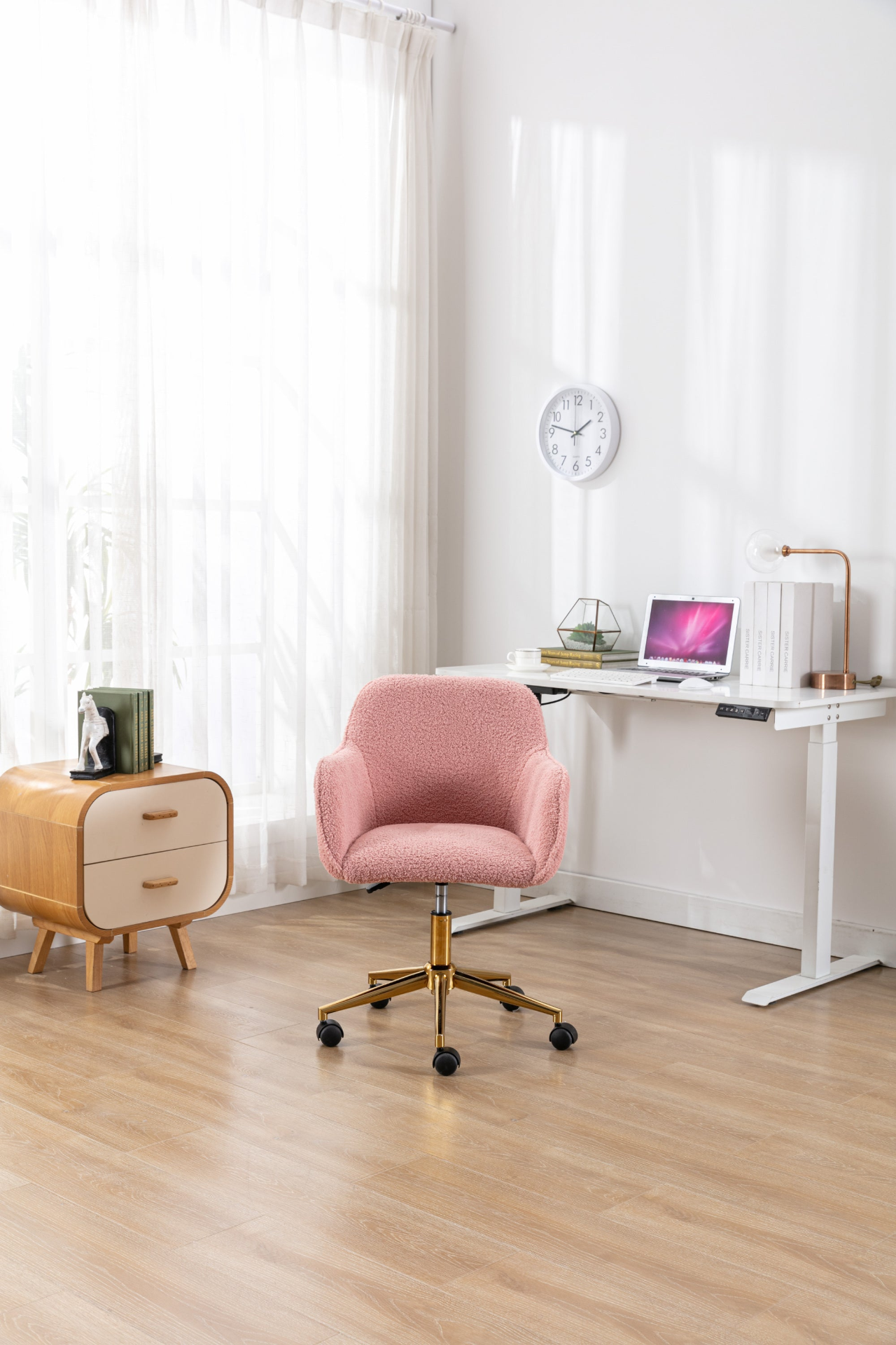 Sofa & Chair sets | Modern Teddy Fabric Material Adjustable Height 360 Revolving Home Office Chair With Gold Metal Legs And Universal Wheel For Indoor,Pink | casafoyer.myshopify.com