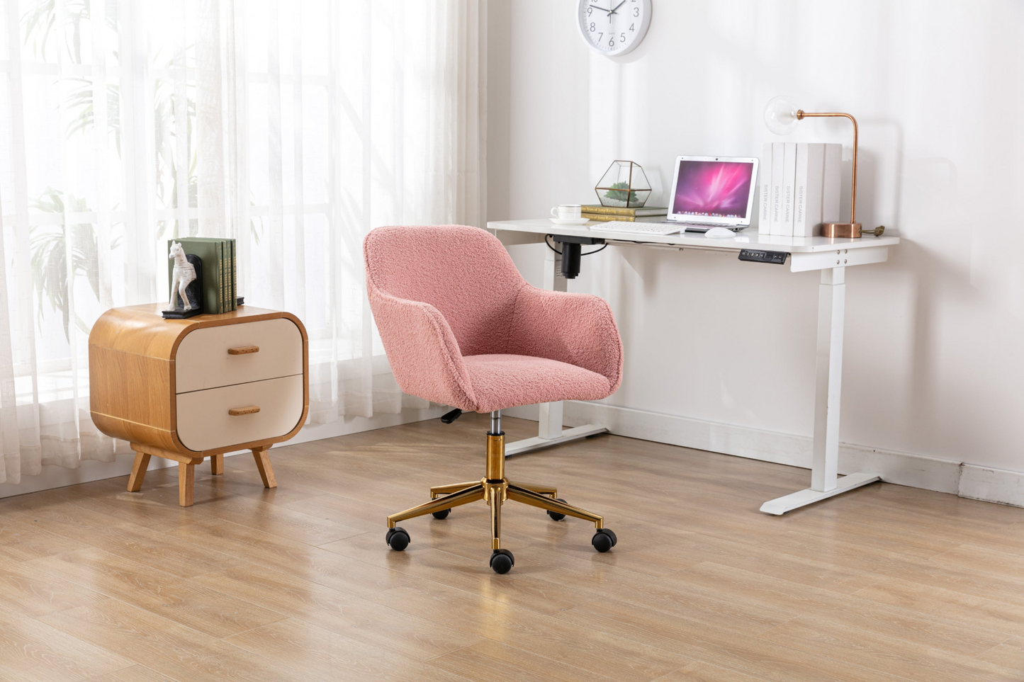 Sofa & Chair sets | Modern Teddy Fabric Material Adjustable Height 360 Revolving Home Office Chair With Gold Metal Legs And Universal Wheel For Indoor,Pink | casafoyer.myshopify.com