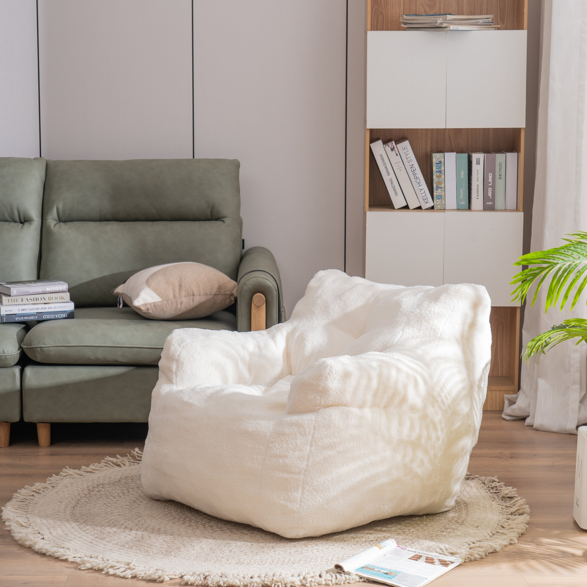 Sofa & Chair sets | Soft Tufted Foam Bean Bag Chair With Teddy Fabric Ivory White | casafoyer.myshopify.com