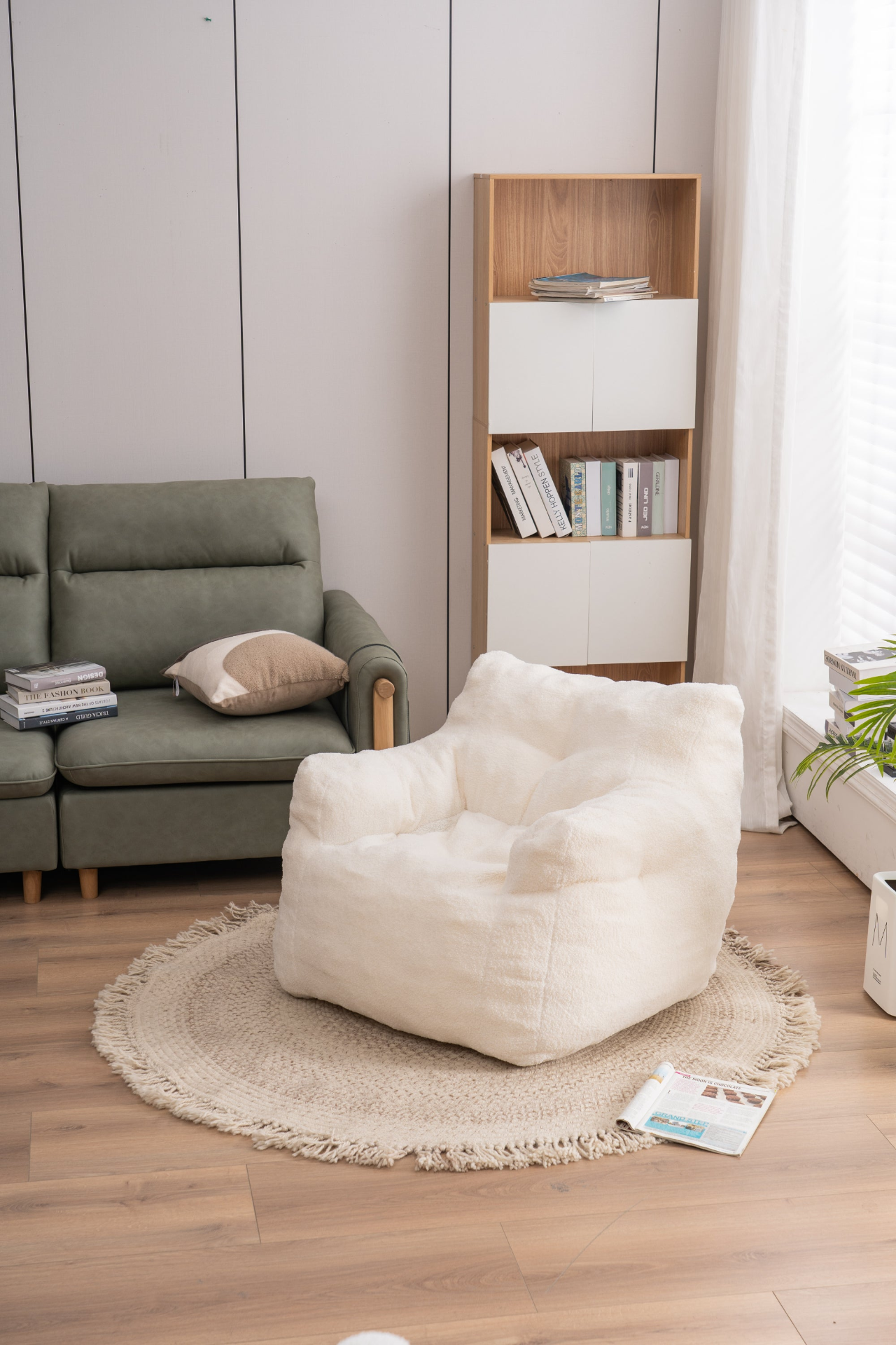 Sofa & Chair sets | Soft Tufted Foam Bean Bag Chair With Teddy Fabric Ivory White | casafoyer.myshopify.com