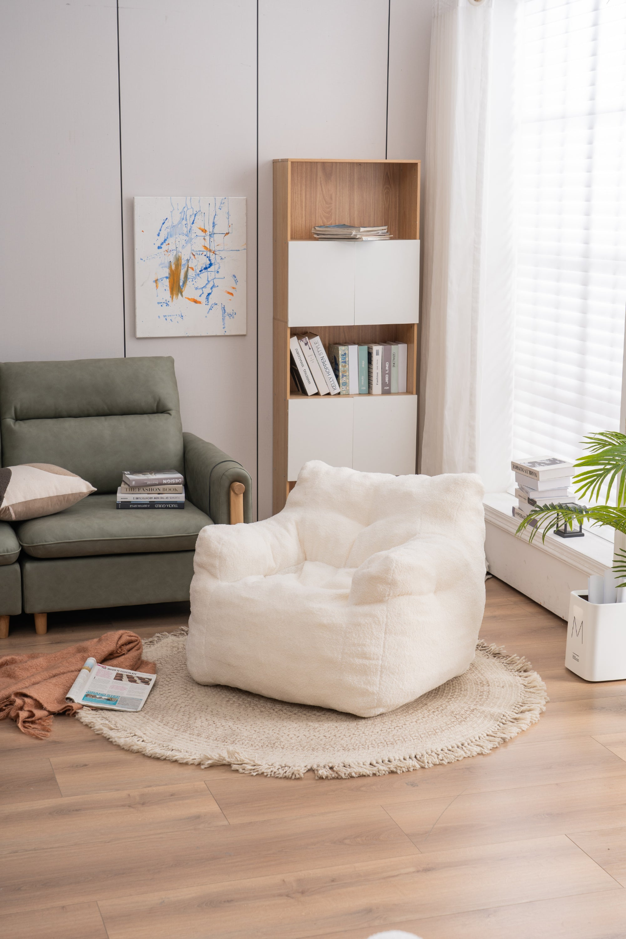 Sofa & Chair sets | Soft Tufted Foam Bean Bag Chair With Teddy Fabric Ivory White | casafoyer.myshopify.com