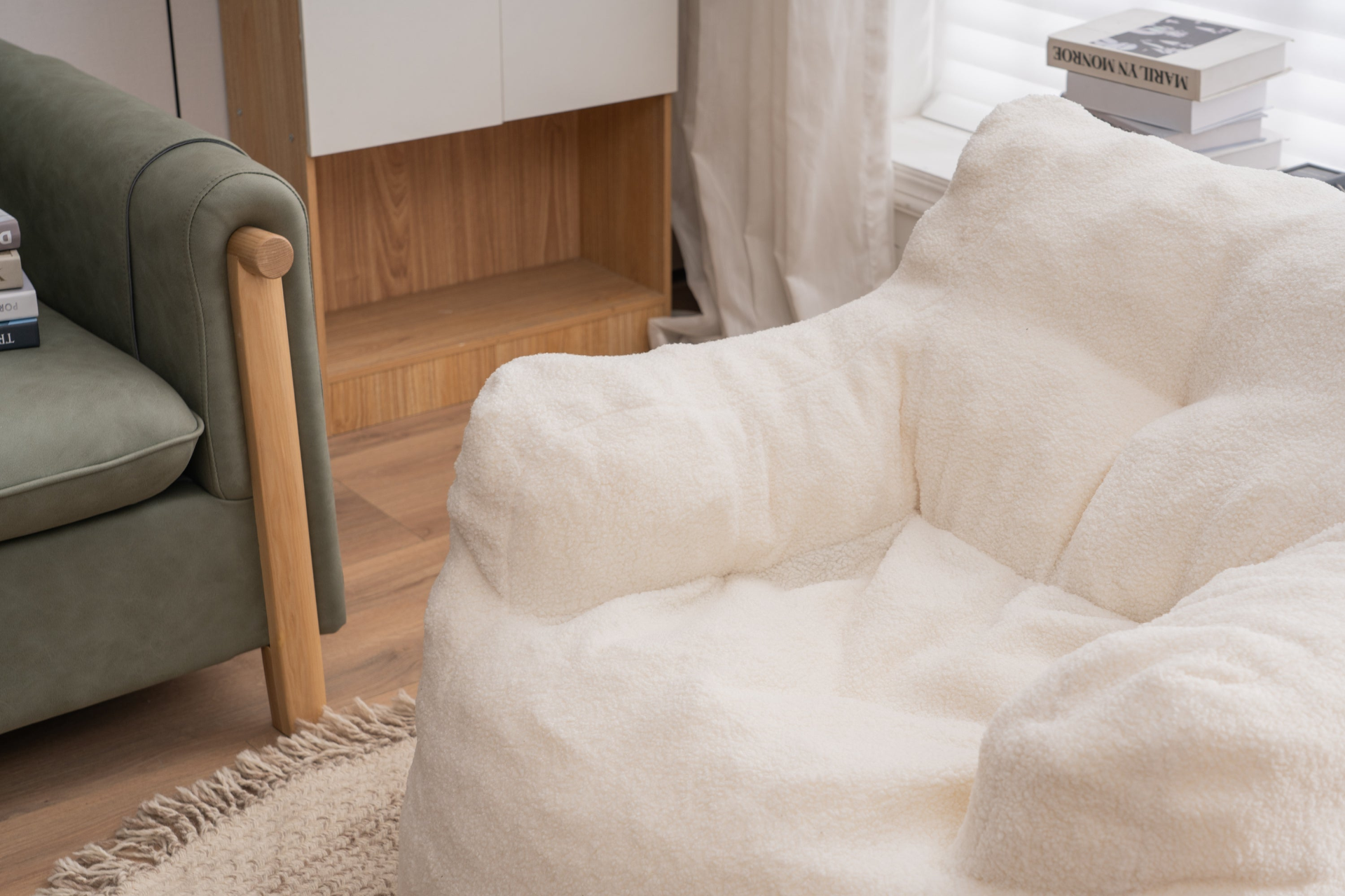 Sofa & Chair sets | Soft Tufted Foam Bean Bag Chair With Teddy Fabric Ivory White | casafoyer.myshopify.com