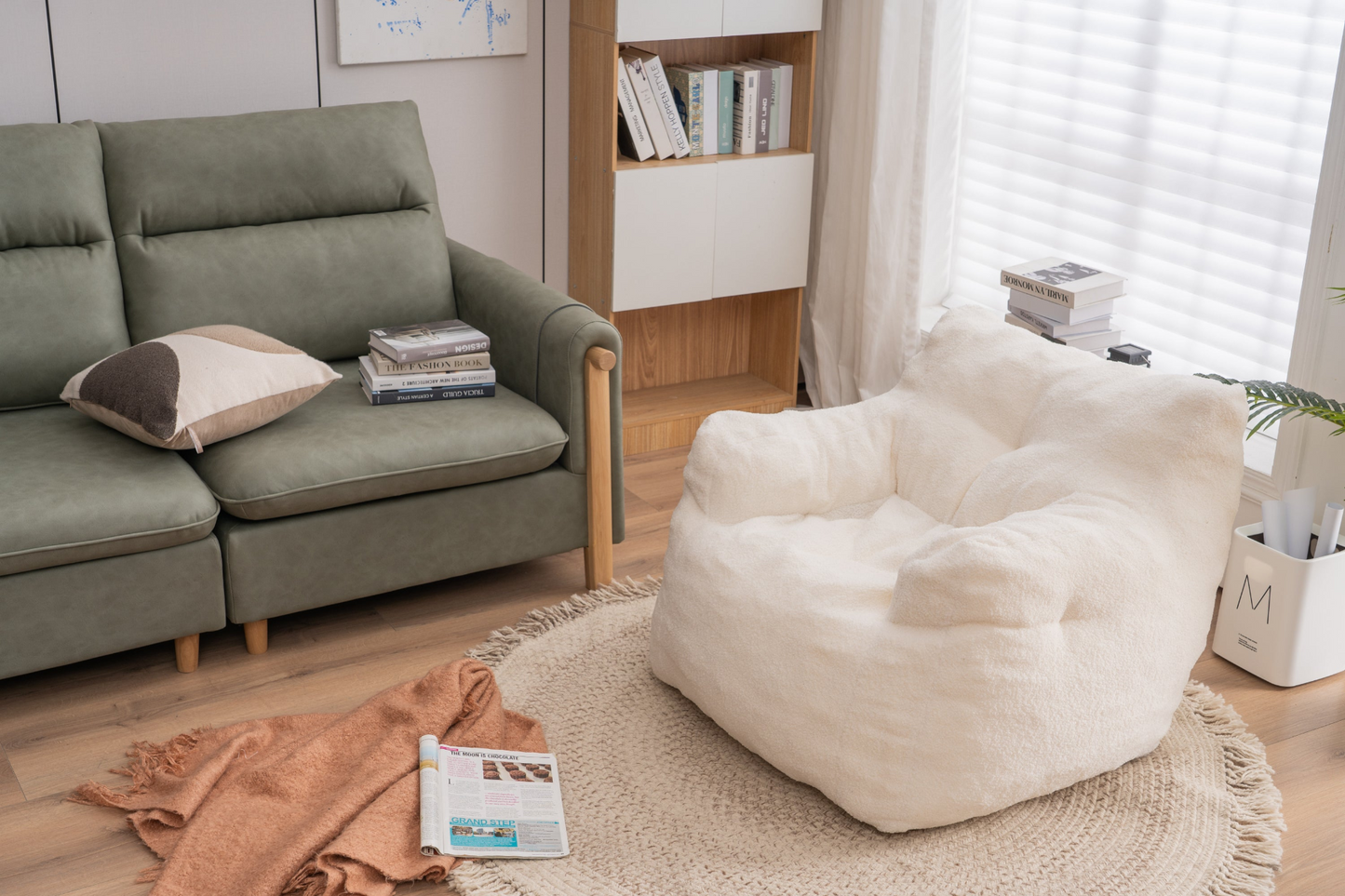 Sofa & Chair sets | Soft Tufted Foam Bean Bag Chair With Teddy Fabric Ivory White | casafoyer.myshopify.com