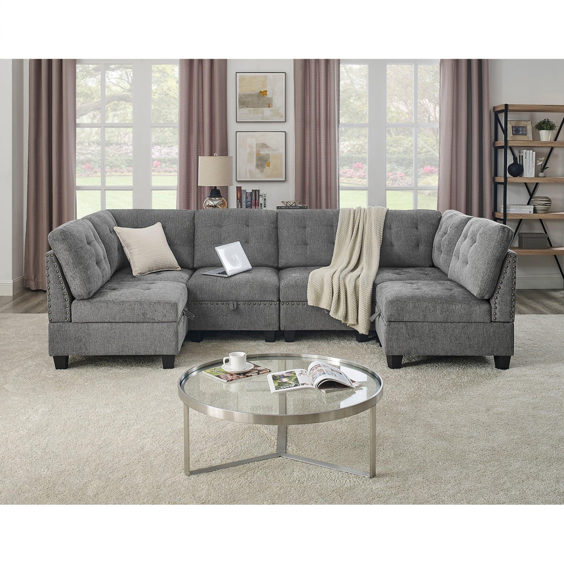 Sofa & Chair sets | U shape Modular Sectional Sofa,DIY Combination,includes Four Single Chair and Two Corner,Grey Chenille | casafoyer.myshopify.com