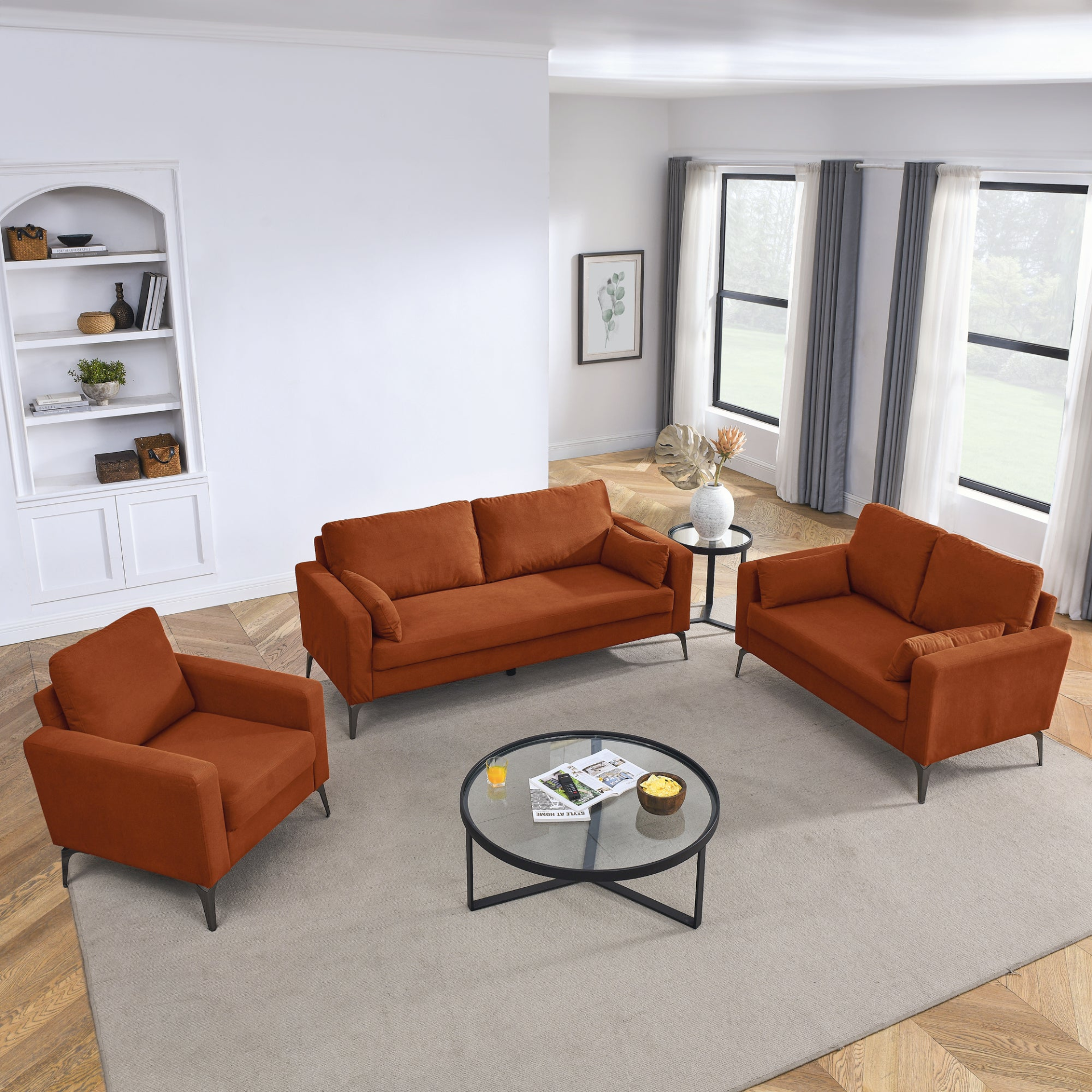 Sofa & Chair sets | 3 Piece Living Room Sofa Set, including 3-Seater Sofa, Loveseat and Sofa Chair, with Two Small Pillows, Corduroy Orange | casafoyer.myshopify.com