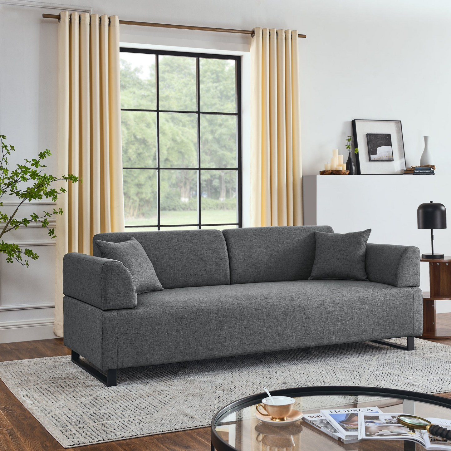 Sofa & Chair sets | Linen Fabric 3 Seat Sofa with Two End Tables and Two Pillows, Removable Back and Armrest, Morden Style Upholstered 3-Seat Couch for Living Room | casafoyer.myshopify.com