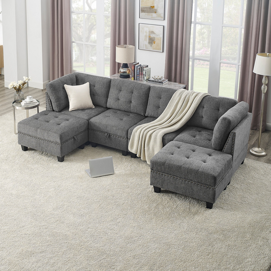 Sofa & Chair sets | U shape Modular Sectional Sofa,DIY Combination,includes Two Single Chair ,Two Corner and Two Ottoman,Grey Chenille | casafoyer.myshopify.com