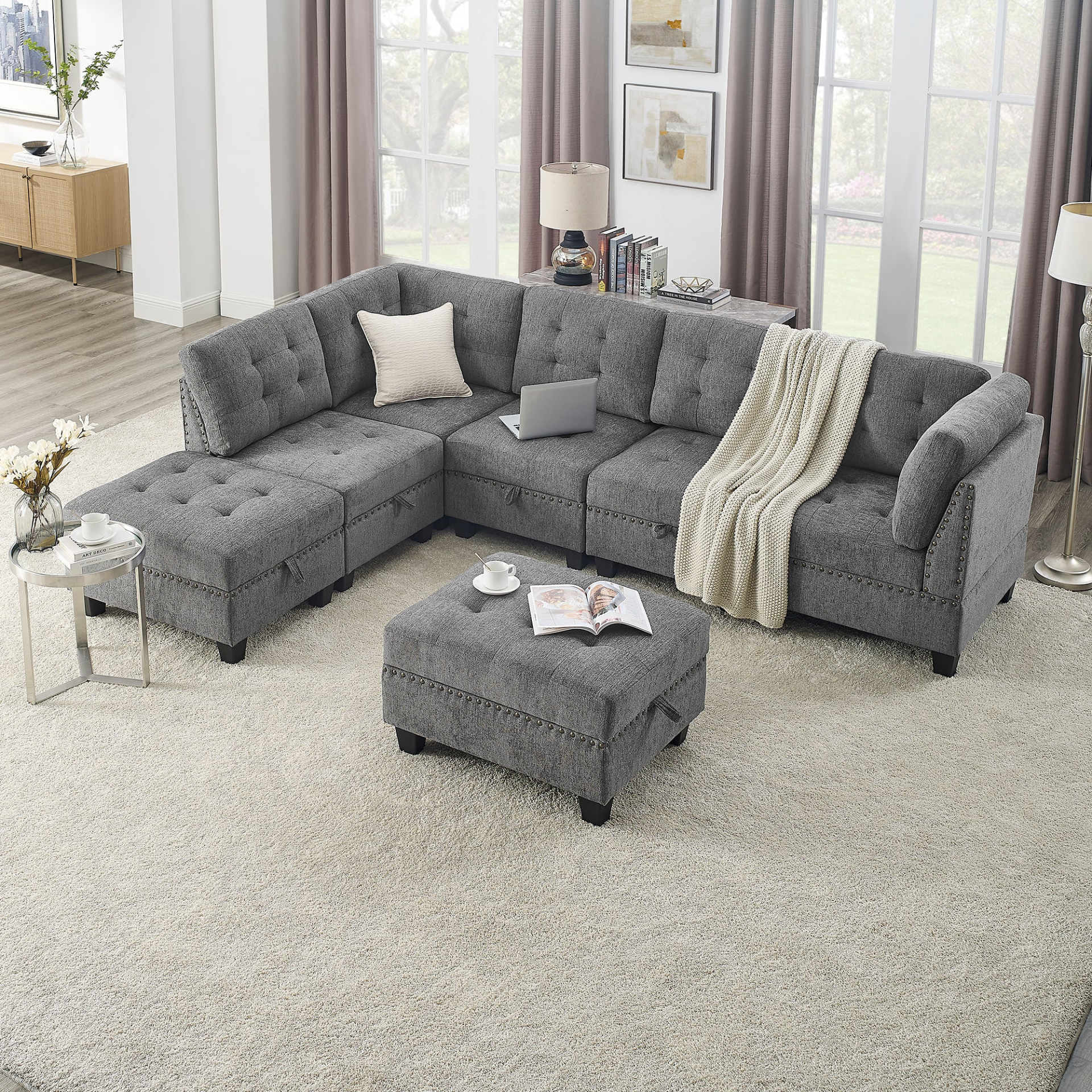 Sofa & Chair sets | L shape Modular Sectional Sofa,DIY Combination,includes Three Single Chair ,Two Corner and Two Ottoman,Grey Chenille | casafoyer.myshopify.com