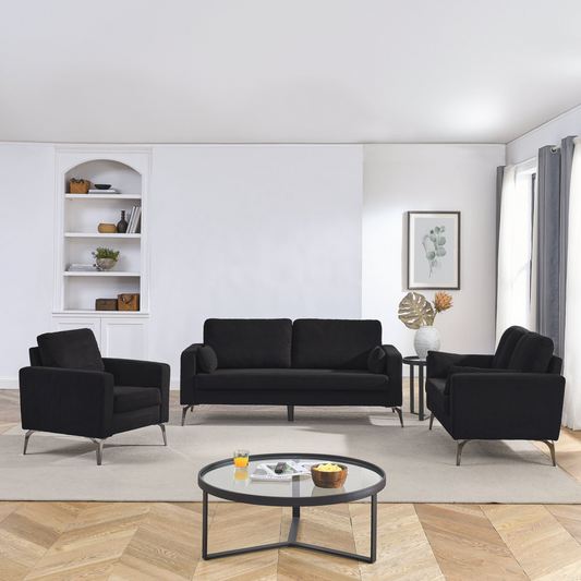 Sofa & Chair sets | 3 Piece Living Room Sofa Set, including 3-Seater Sofa, Loveseat and Sofa Chair, with Two Small Pillows, Corduroy Black | casafoyer.myshopify.com