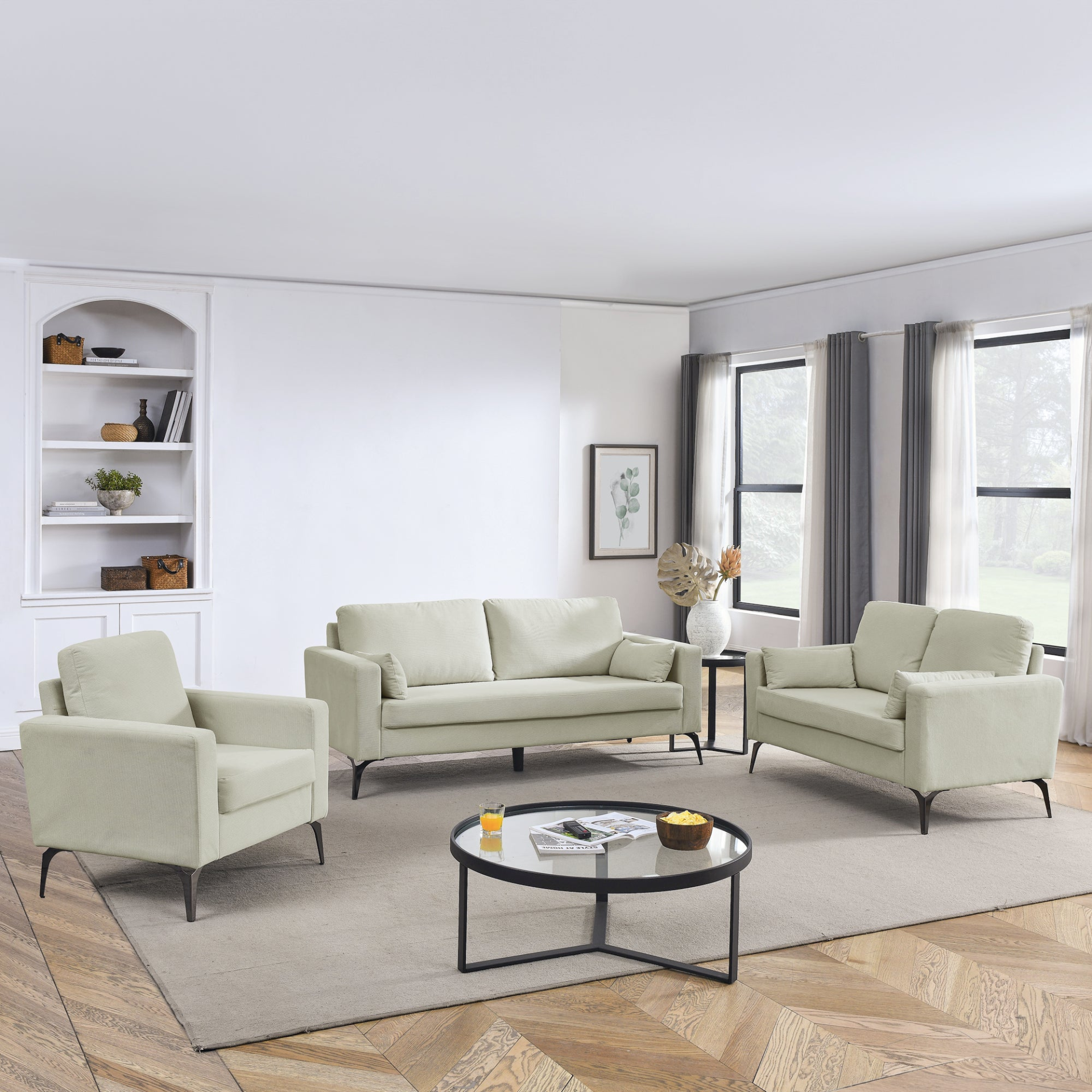 Sofa & Chair sets | 3 Piece Living Room Sofa Set, including 3-Seater Sofa, Loveseat and Sofa Chair, with Two Small Pillows, Corduroy Beige | casafoyer.myshopify.com