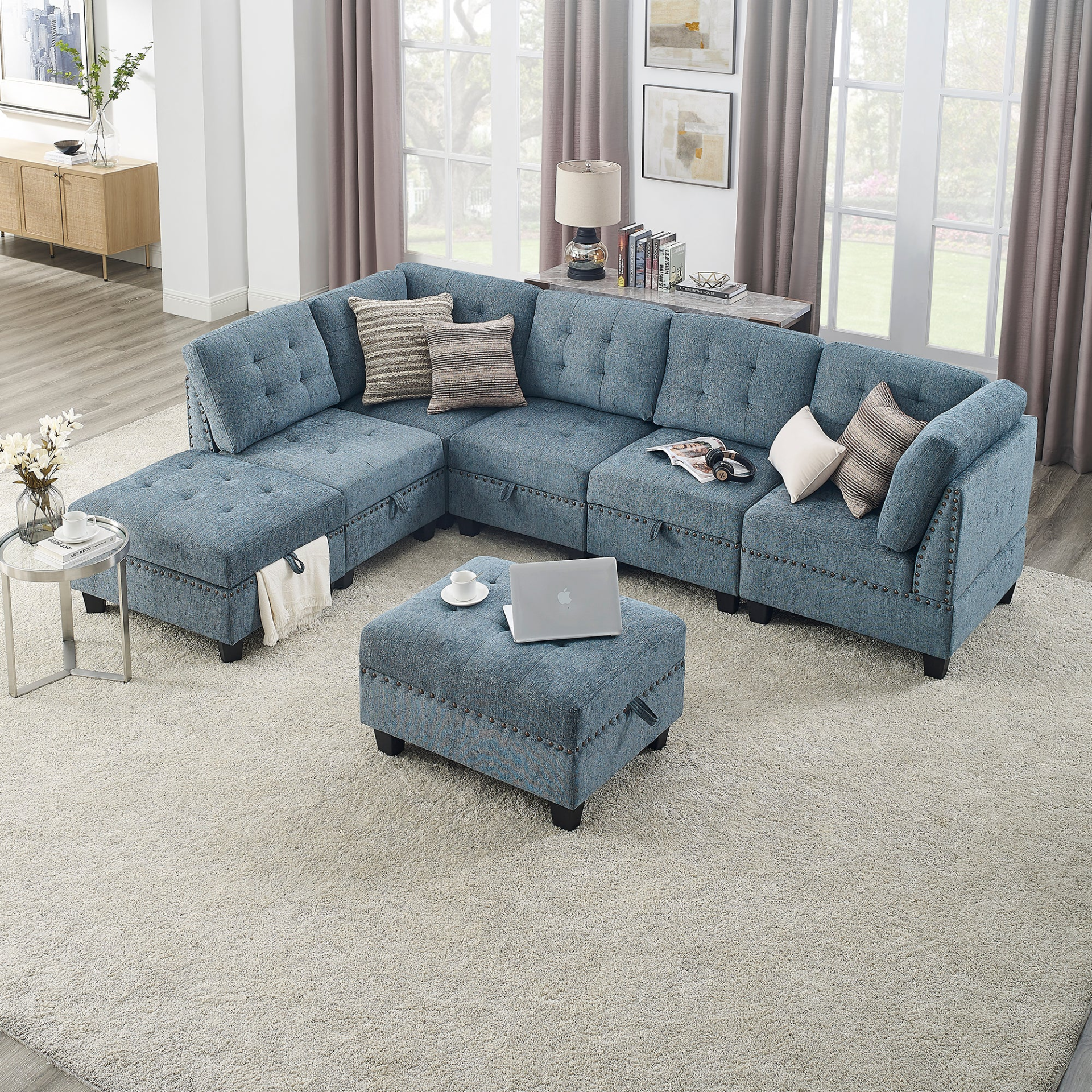 Sofa & Chair sets | L shape Modular Sectional Sofa,DIY Combination,includes Three Single Chair ,Two Corner and Two Ottoman,Navy Blue | casafoyer.myshopify.com