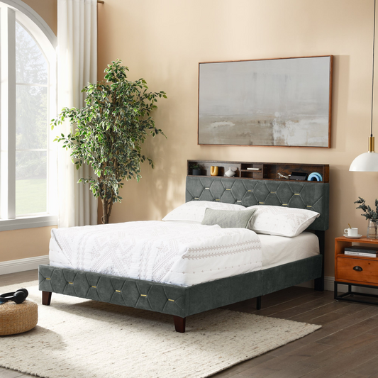 BED_FRAME | Full Size Bed Frame with Shelf Upholstered Headboard, Grey | casafoyer.myshopify.com