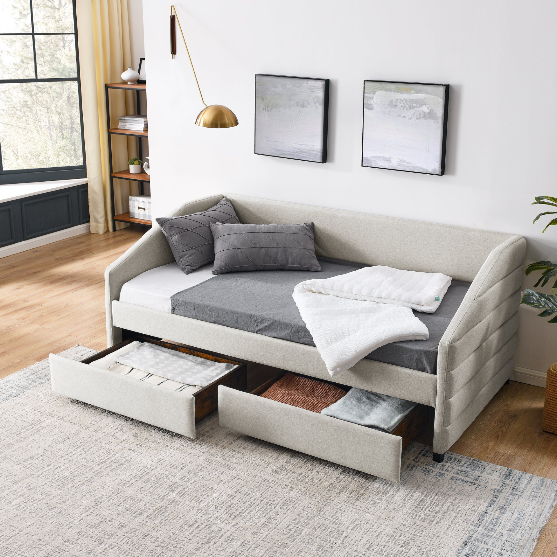 Patio Furntiure Sets | Twin Size Daybed with Two Drawers Trundle Upholstered Tufted Sofa Bed, Linen Fabric, Beige | casafoyer.myshopify.com