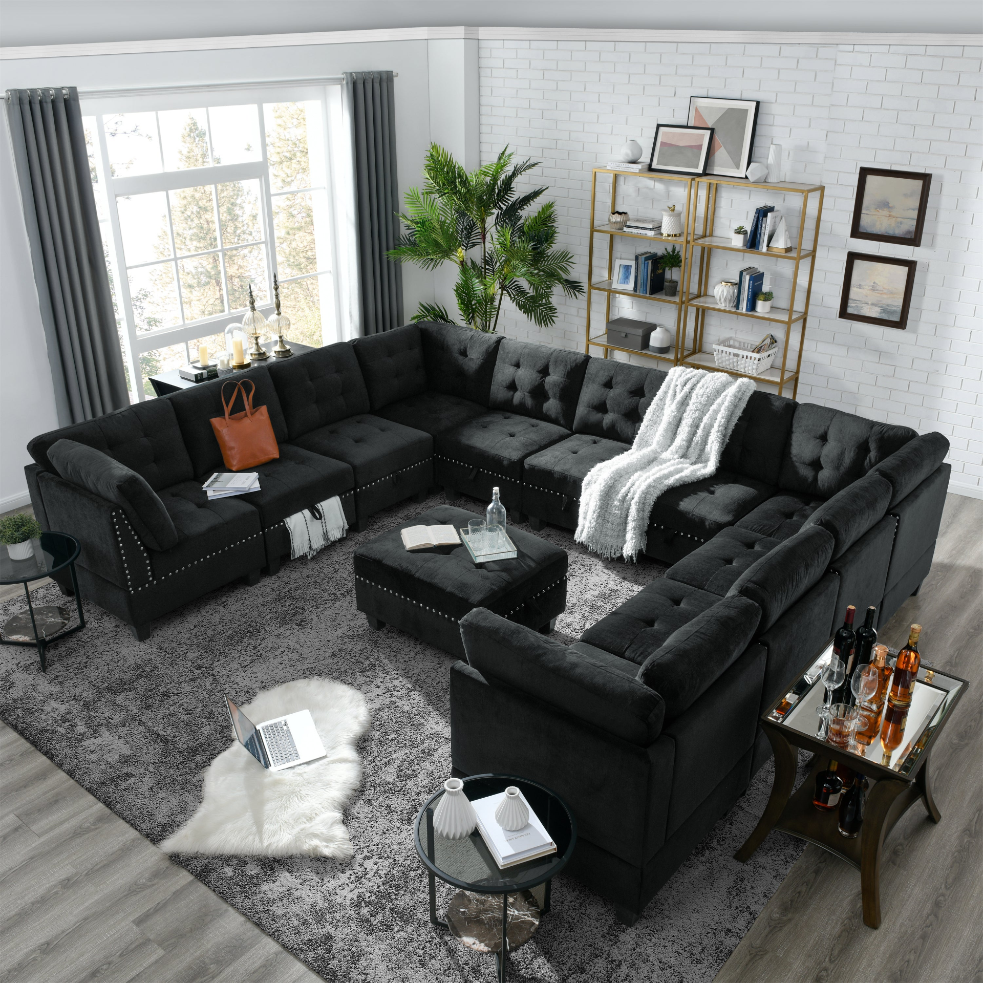 Sofa & Chair sets | U shape Modular Sectional Sofa,DIY Combination,includes Seven Single Chair,Four Corner and One Ottoman,Black Velvet. | casafoyer.myshopify.com