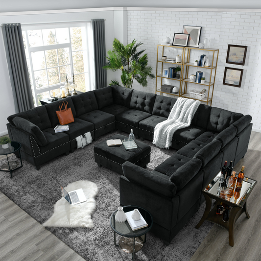 Sofa & Chair sets | U shape Modular Sectional Sofa,DIY Combination,includes Seven Single Chair,Four Corner and One Ottoman,Black Velvet. | casafoyer.myshopify.com