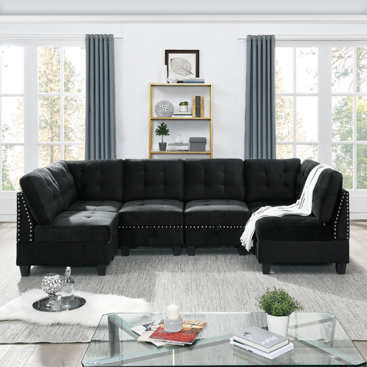 Sofa & Chair sets | U shape Modular Sectional Sofa,DIY Combination,includes Four Single Chair and Two Corner,Black Velvet. | casafoyer.myshopify.com