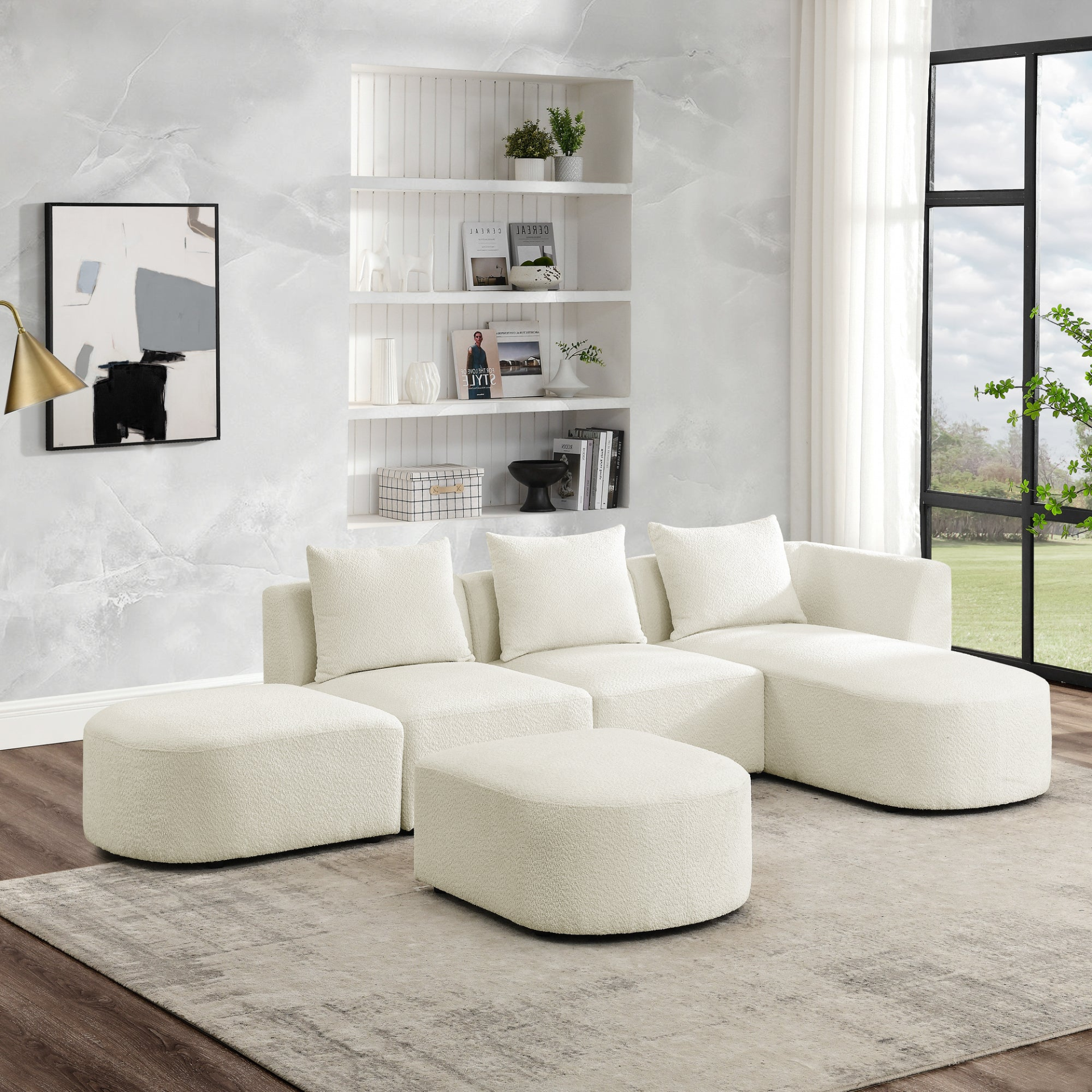 Sofa & Chair sets | L Shape Sectional Sofa with Right Side Chaise and Ottoman, Modular Sofa, DIY Combination, Loop Yarn Fabric, Beige | casafoyer.myshopify.com