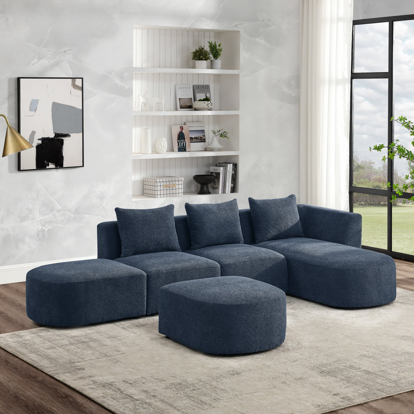 Sofa & Chair sets | L Shape Sectional Sofa with Right Side Chaise and Ottoman, Modular Sofa, DIY Combination, Loop Yarn Fabric, Navy | casafoyer.myshopify.com