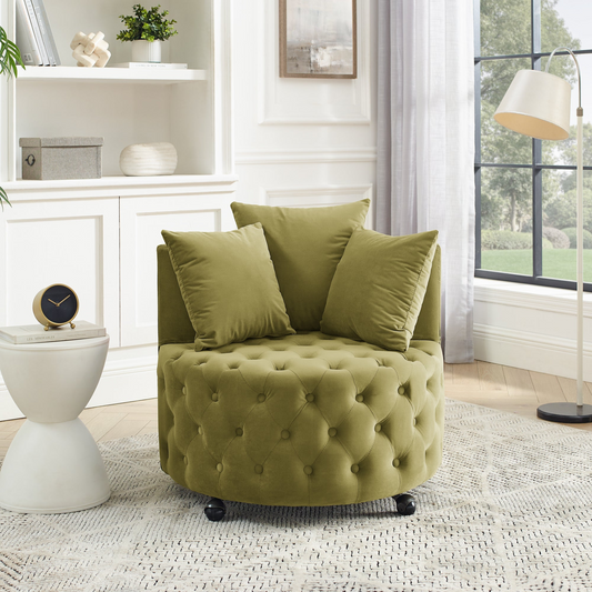 Sofa & Chair sets | Velvet Upholstered Swivel Chair for Living Room, Button Tufted Design, Movable Wheels, 3 Pillows, Khaki Green | casafoyer.myshopify.com