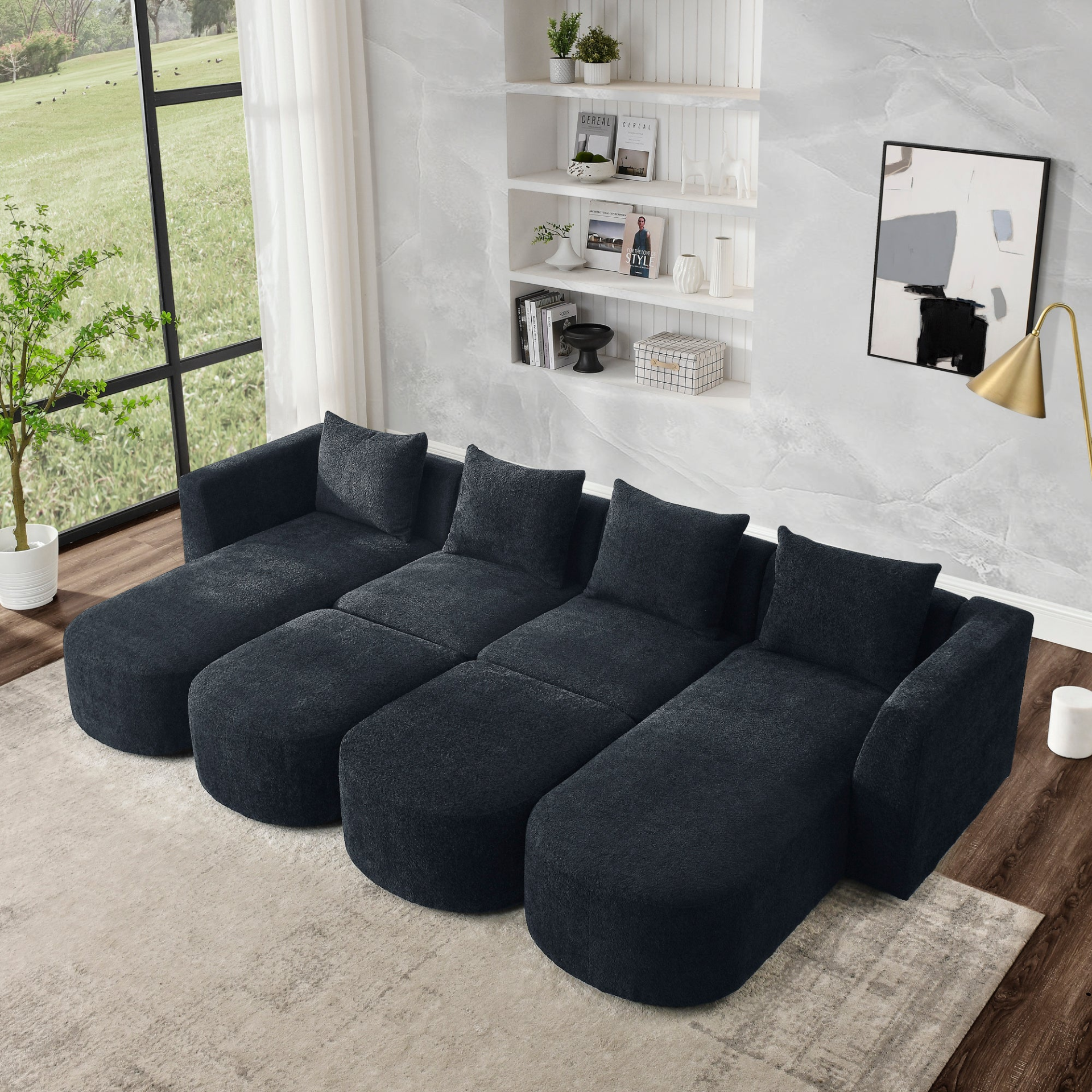 Sofa & Chair sets | U Shape Sectional Sofa including Two Single Seat, Two Chaises and Two Ottomans, Modular Sofa, DIY Combination, Loop Yarn Fabric, Black | casafoyer.myshopify.com