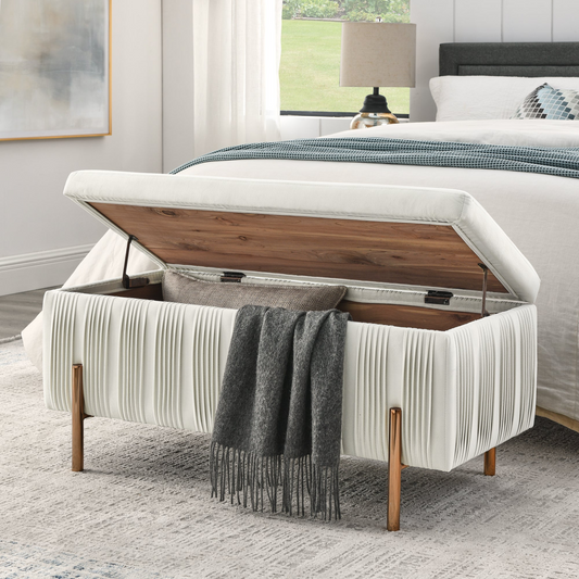 OTTOMAN | Elegant Upholstered Velvet Storage Bench with Cedar Wood Veneer, Large Storage Ottoman with Electroplate Iron Legs for Hallway Living Room Bedroom, Beige | casafoyer.myshopify.com