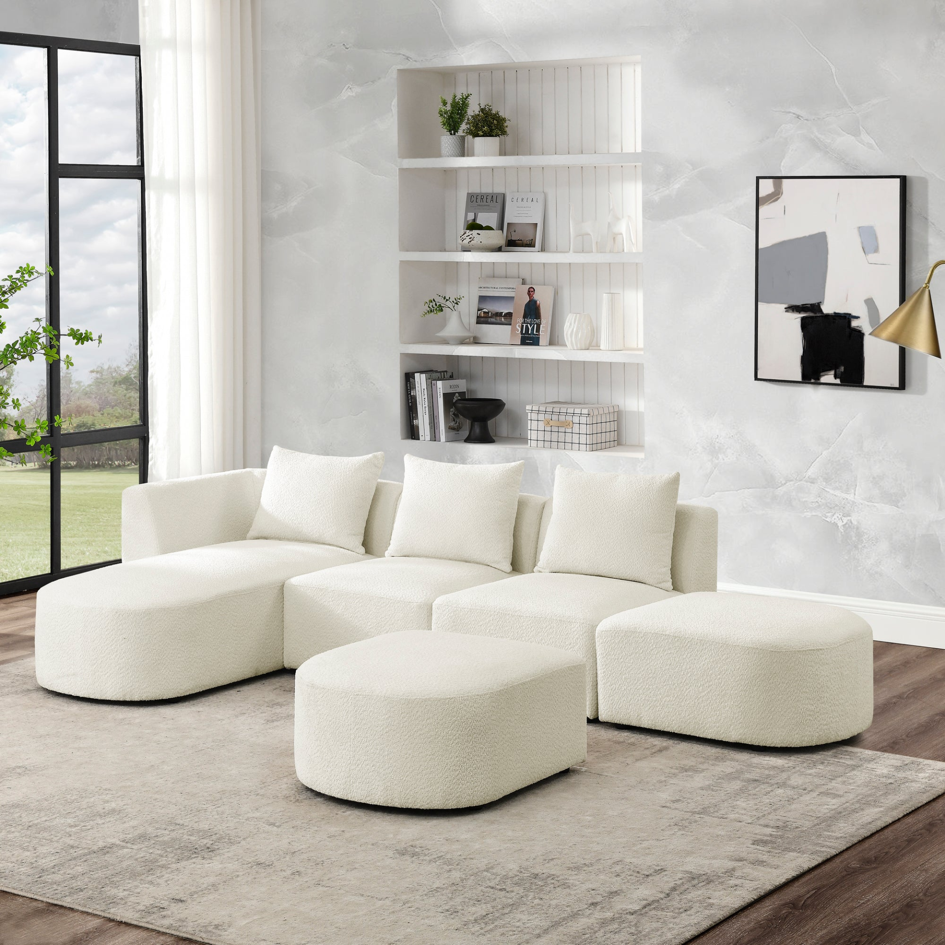 Sofa & Chair sets | L Shape Sectional Sofa with Left Side Chaise and Ottoman, Modular Sofa, DIY Combination, Loop Yarn Fabric, Beige | casafoyer.myshopify.com