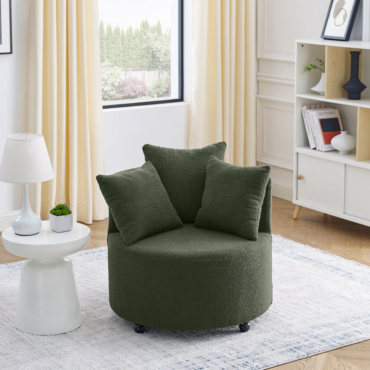 Sofa & Chair sets | Teddy Fabric Swivel Accent Backchair Upholstered Luxury Lounge Chair for Living Room Bedroom, with Movable Wheels, Including 3 Pillows,Green | casafoyer.myshopify.com