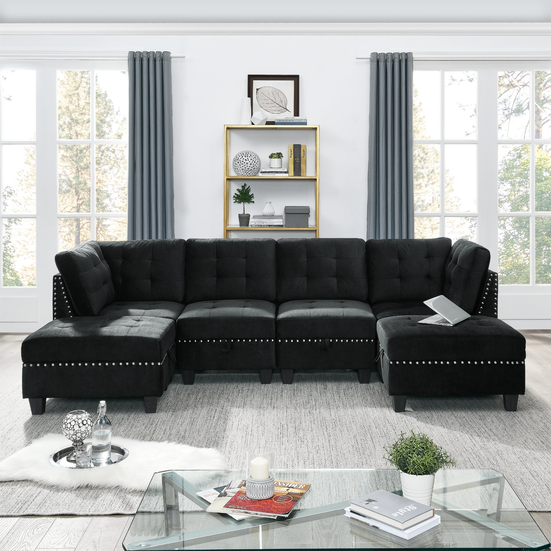 Sofa & Chair sets | U shape Modular Sectional Sofa,DIY Combination,includes Two Single Chair ,Two Corner and Two Ottoman,Black Velvet. | casafoyer.myshopify.com