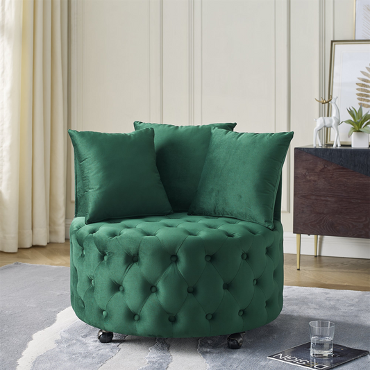 Sofa & Chair sets | Velvet Upholstered Swivel Chair for Living Room, with Button Tufted Design and Movable Wheels, Including 3 Pillows, Green | casafoyer.myshopify.com