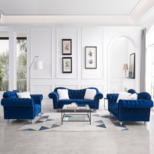 Sofa & Chair sets | 3 Piece Living Room Sofa Set, including 3-Seater Sofa, Loveseat and Sofa Chair, with Button and Copper Nail on Arms and Back, Five White Villose Pillow, Blue. | casafoyer.myshopify.com