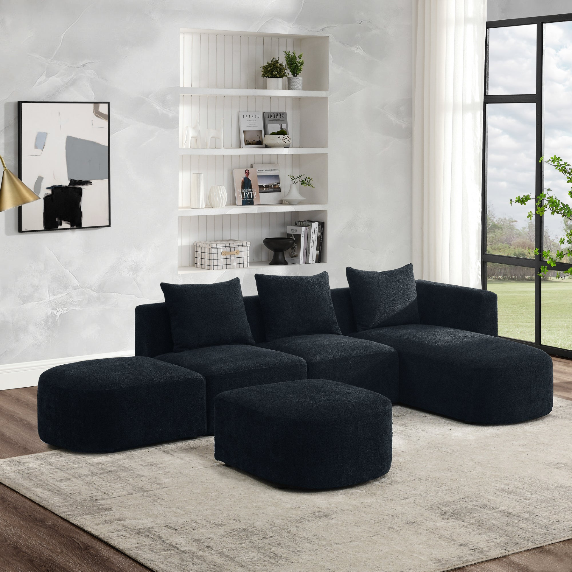 Sofa & Chair sets | L Shape Sectional Sofa with Right Side Chaise and Ottoman, Modular Sofa, DIY Combination, Loop Yarn Fabric, Black | casafoyer.myshopify.com