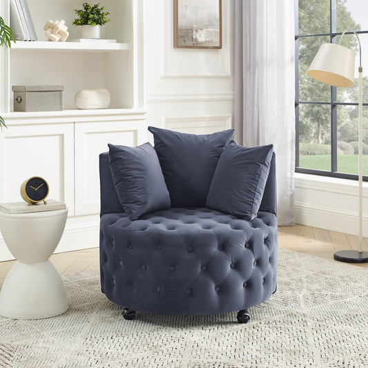 Sofa & Chair sets | Velvet Upholstered Swivel Chair for Living Room | Grey | Button Tufted Design | Movable Wheels | Including 3 Pillows | casafoyer.myshopify.com