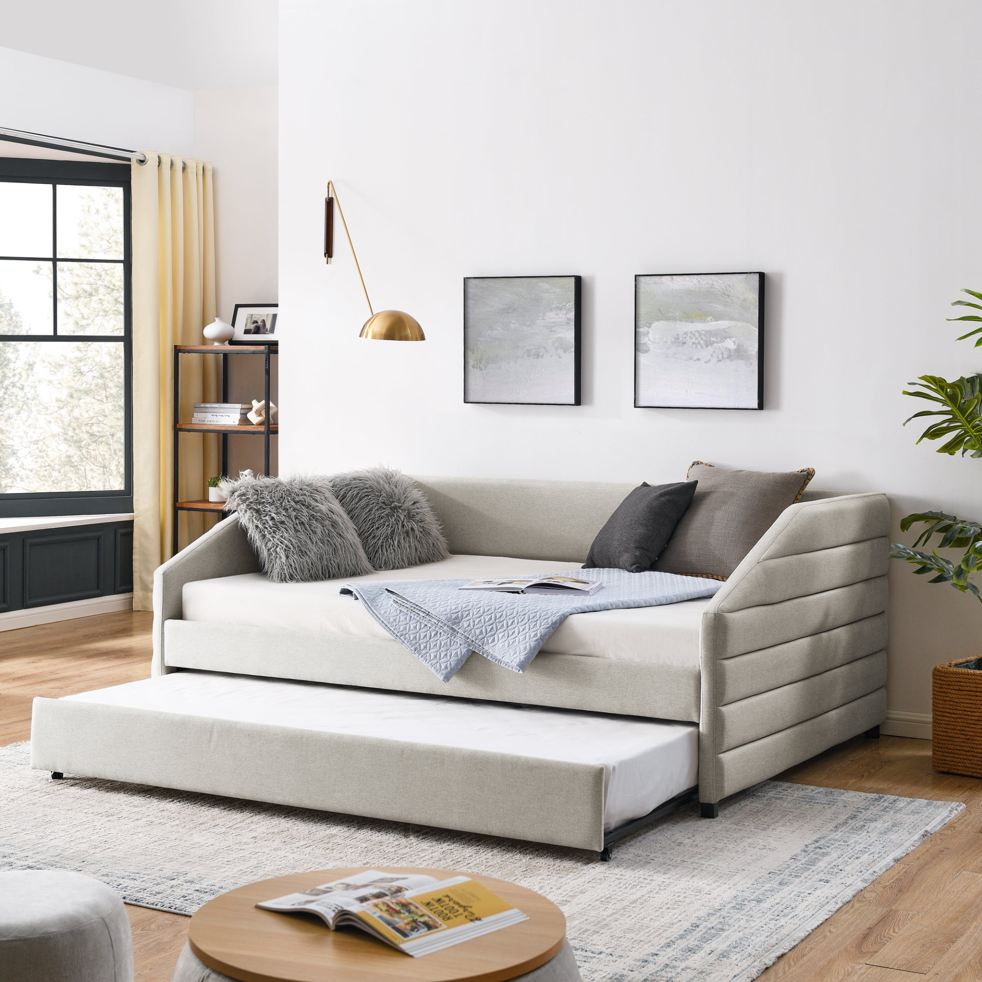 Patio Furntiure Sets | Full Size Daybed with Trundle Upholstered Tufted Sofa Bed, Linen Fabric, Beige (82.5"x58"x34") | casafoyer.myshopify.com