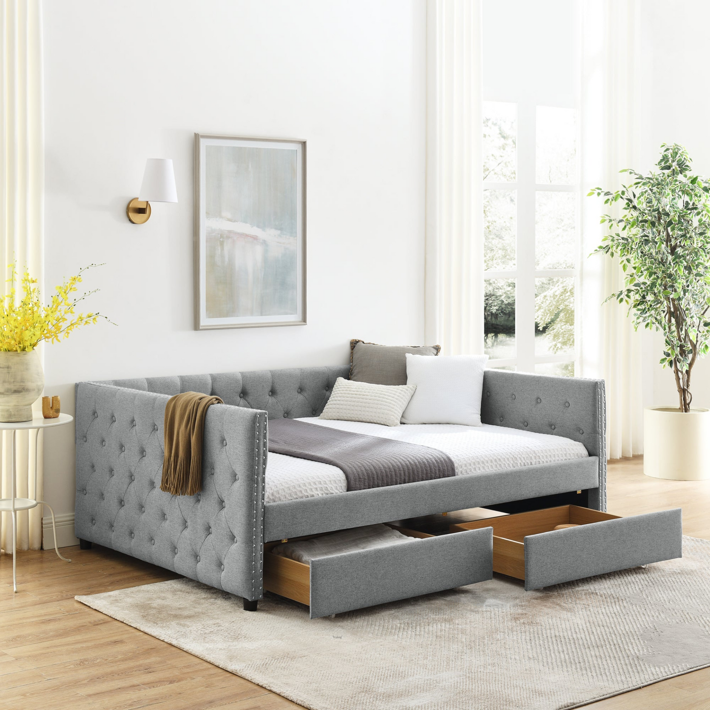 Patio Furntiure Sets | Upholstered Full Size Daybed with Two Drawers, with Button and Copper Nail on Square Arms, Grey (82.75''x58''x30.75'') | casafoyer.myshopify.com