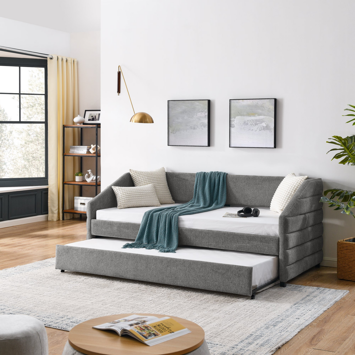 Patio Furntiure Sets | Twin Size Daybed with Trundle Upholstered Tufted Sofa Bed, Linen Fabric, Grey | casafoyer.myshopify.com