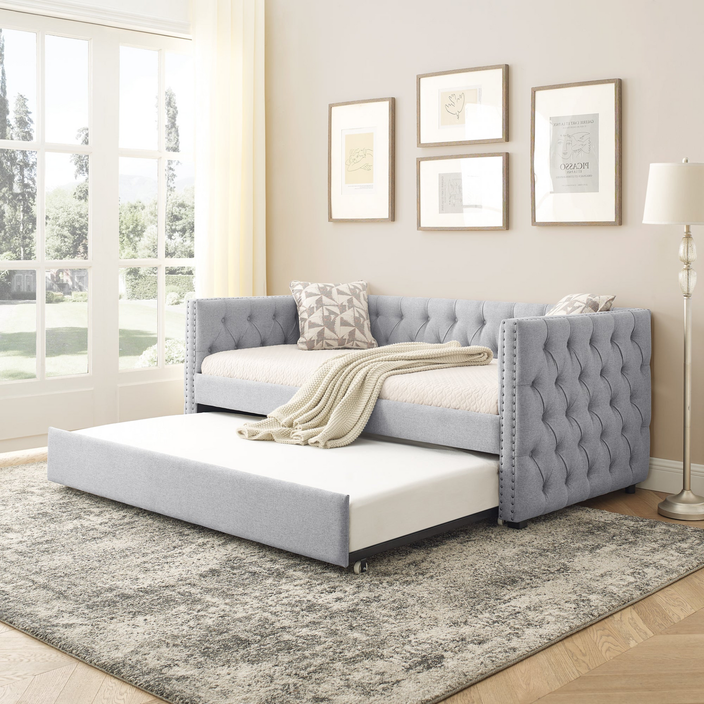 Patio Furntiure Sets | Daybed with Trundle Upholstered Tufted Sofa Bed, with Button and Copper Nail on Square Arms,both Twin Size,Grey(85x42.5x31.5)(Old SKU W487S00045) | casafoyer.myshopify.com