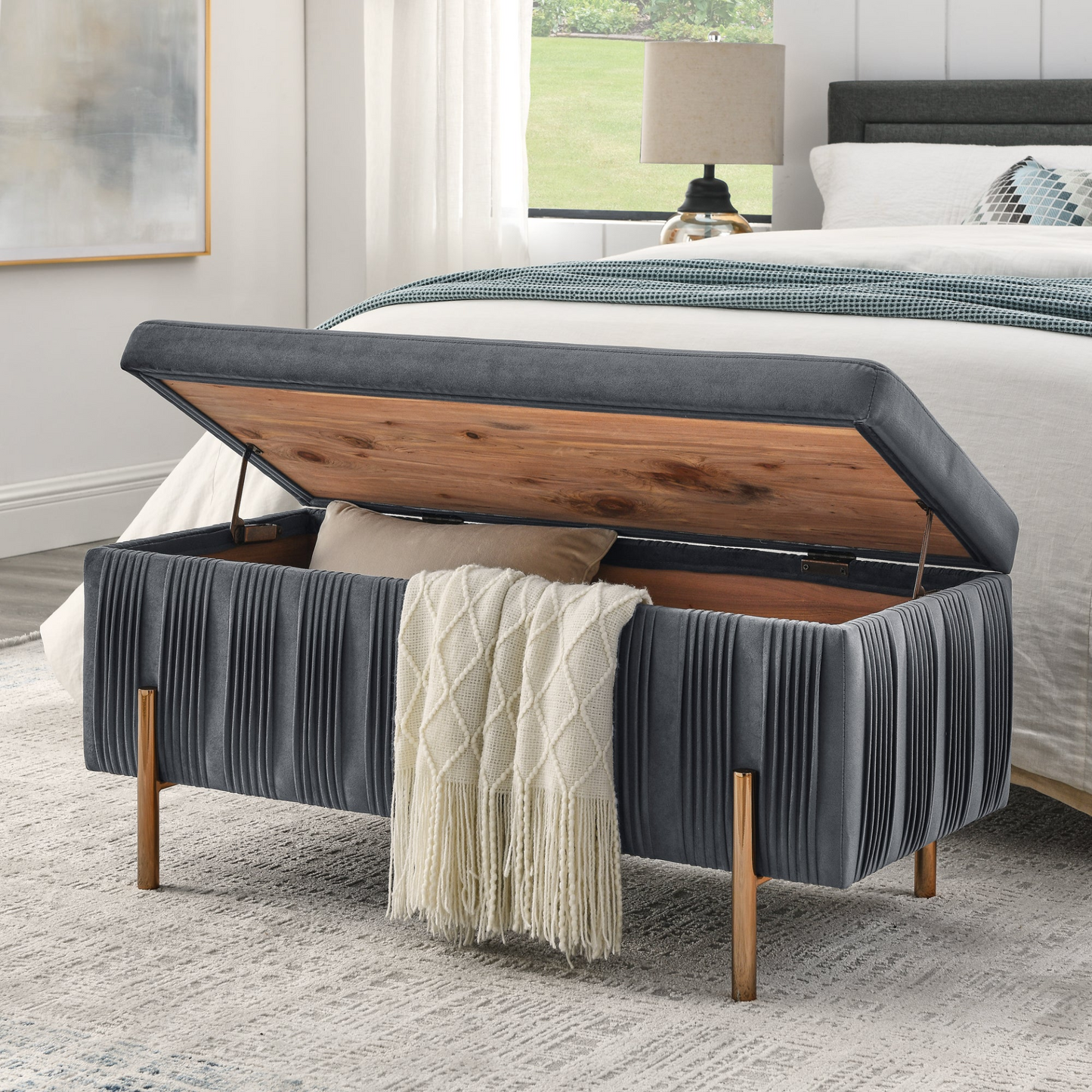 OTTOMAN | Elegant Upholstered Velvet Storage Bench with Cedar Wood Veneer, Large Storage Ottoman | casafoyer.myshopify.com