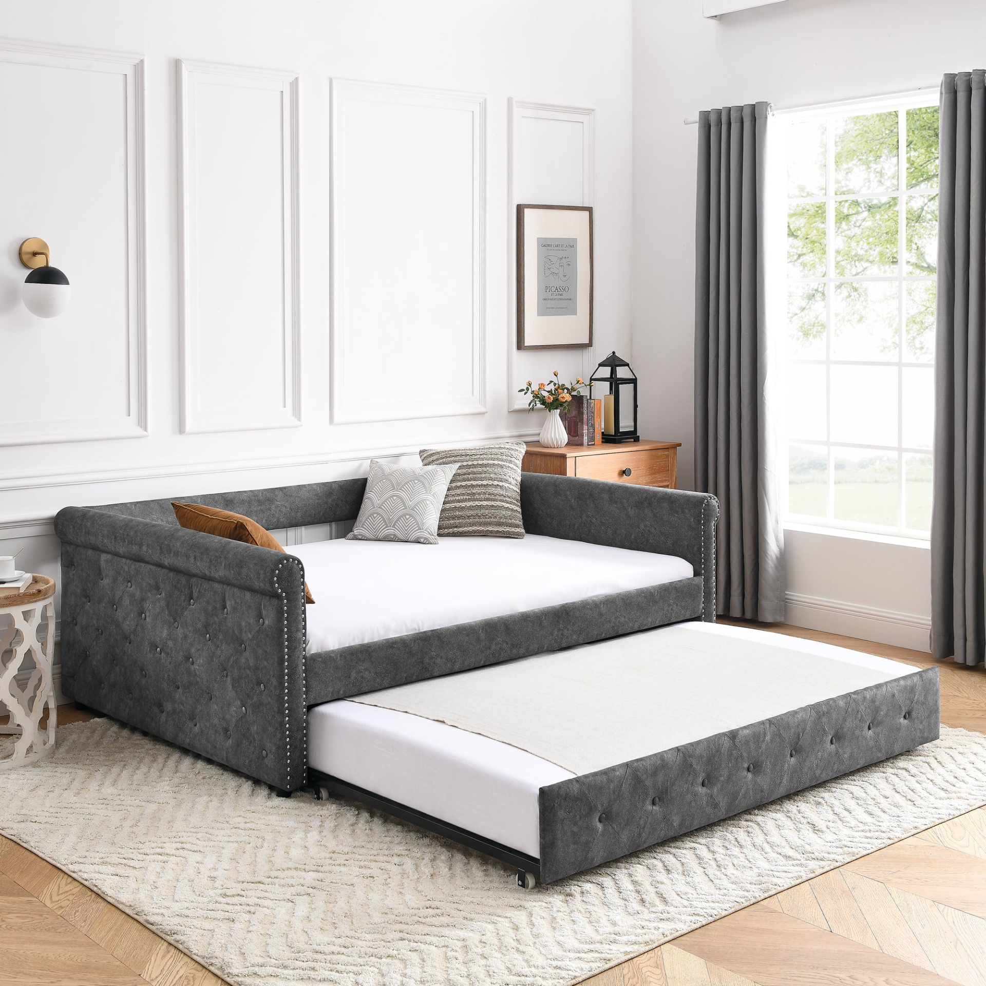 Patio Furntiure Sets | Daybed with Trundle Upholstered Tufted Sofa Bed, Grey (85.5"x57"x30.5") | casafoyer.myshopify.com