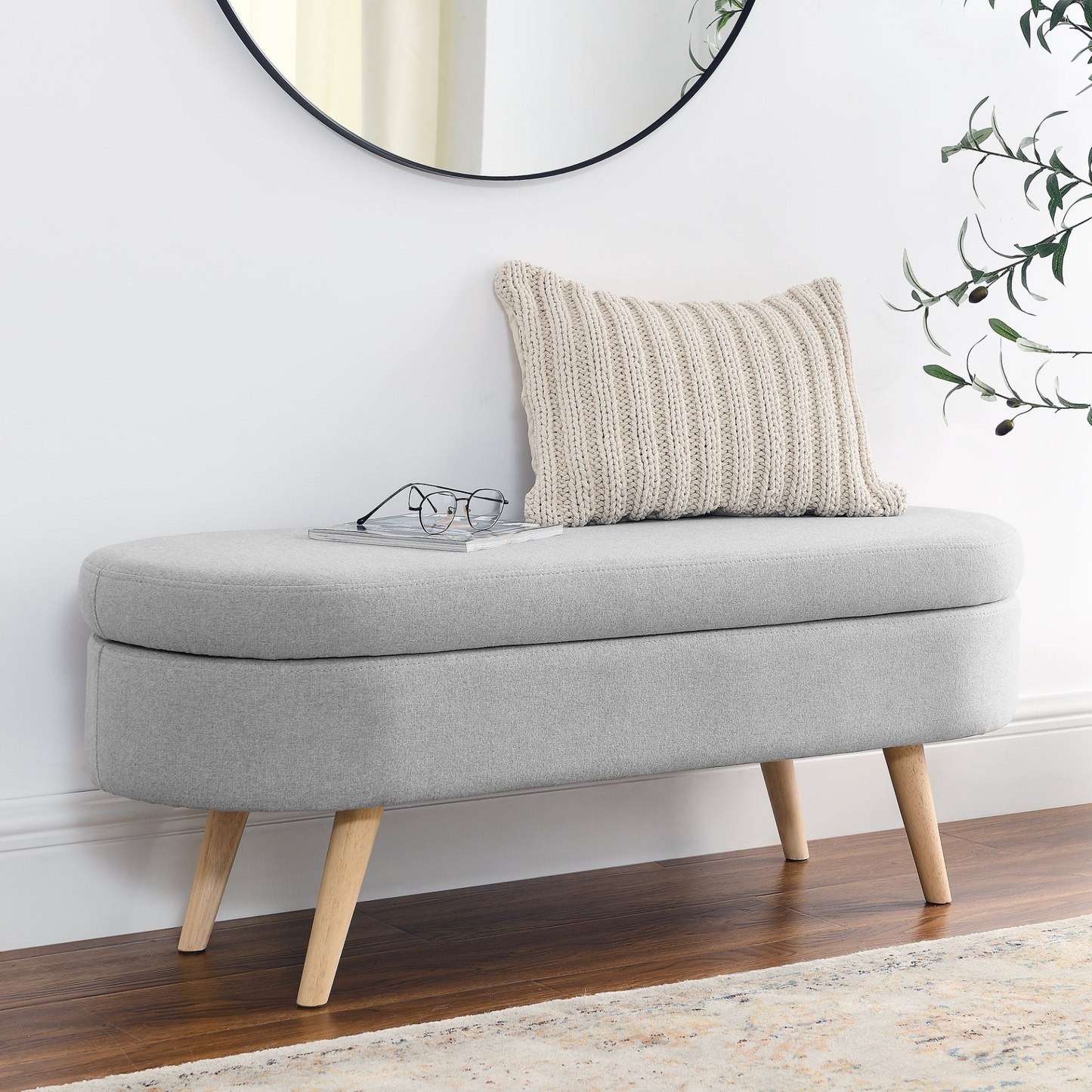 OTTOMAN | Ottoman Oval Storage Bench, Rubber Wood Legs, Grey(43.5inchx16inchx16inch) | casafoyer.myshopify.com