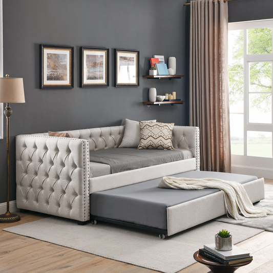 Patio Furntiure Sets | Daybed with Trundle Upholstered Tufted Sofa Bed - Twin Size Beige | casafoyer.myshopify.com