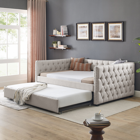 Patio Furntiure Sets | Daybed with Trundle Upholstered Tufted Sofa Bed, with Button and Copper Nail on Square Arms,Full Daybed & Twin Trundle, Beige(85x57x31.5) | casafoyer.myshopify.com